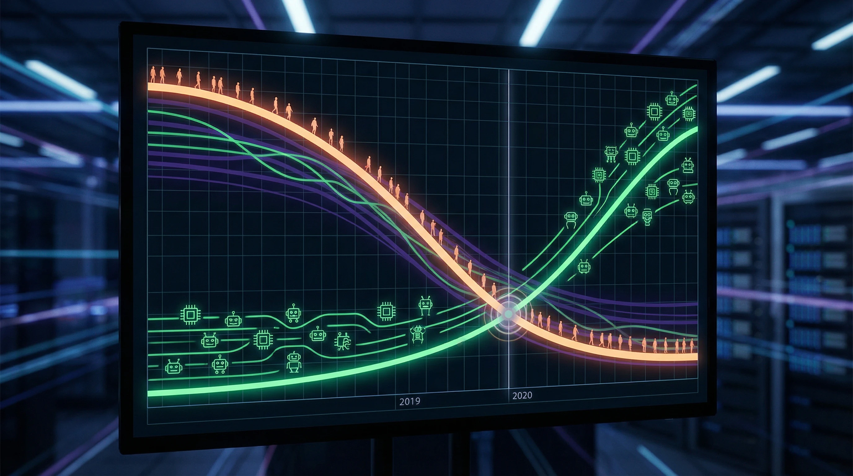 Visualisierung des Verhältnisses zwischen menschlichem und Bot-Traffic im Internet von 2016 bis 2024