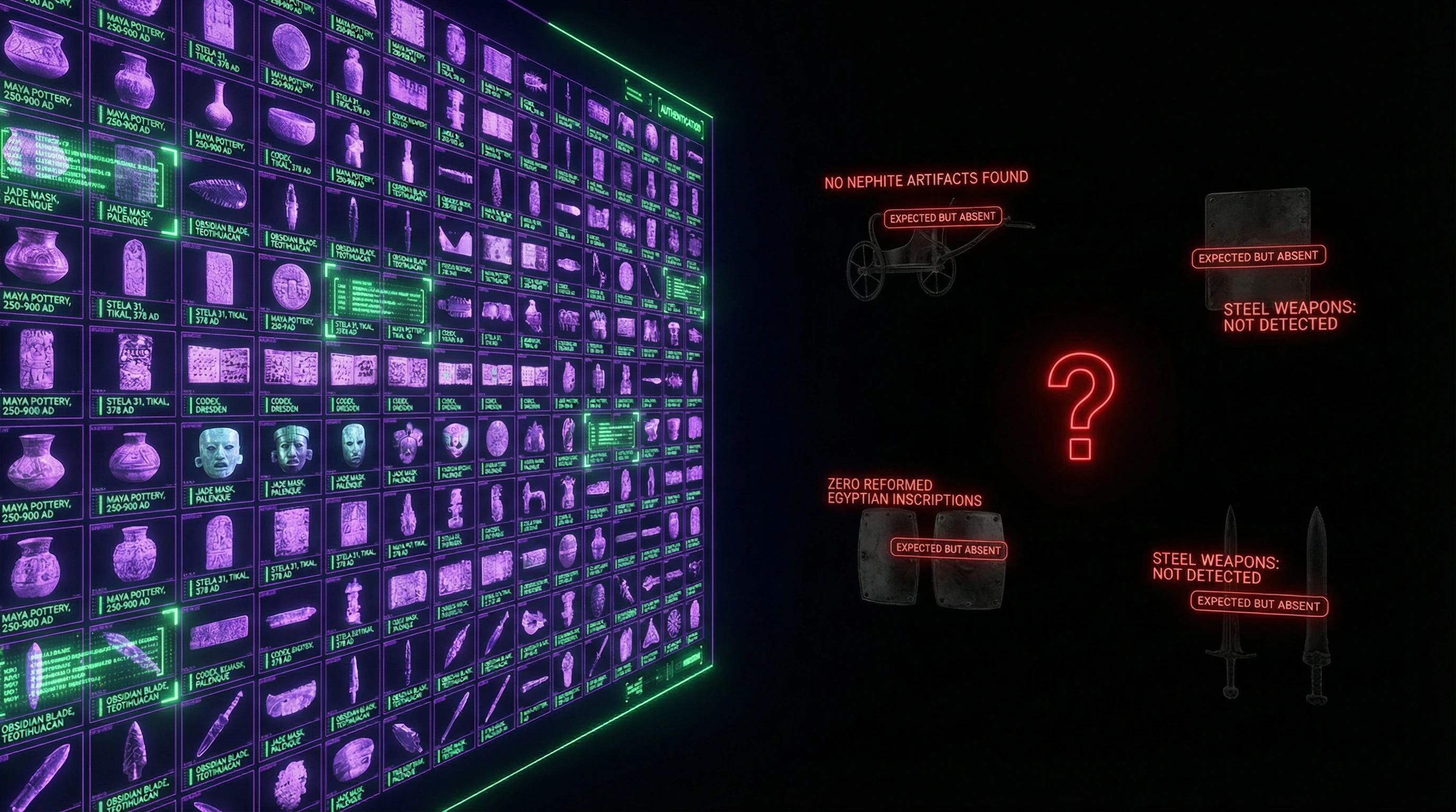 Comparative table of archaeological findings from confirmed civilizations versus absent Book of Mormon evidence