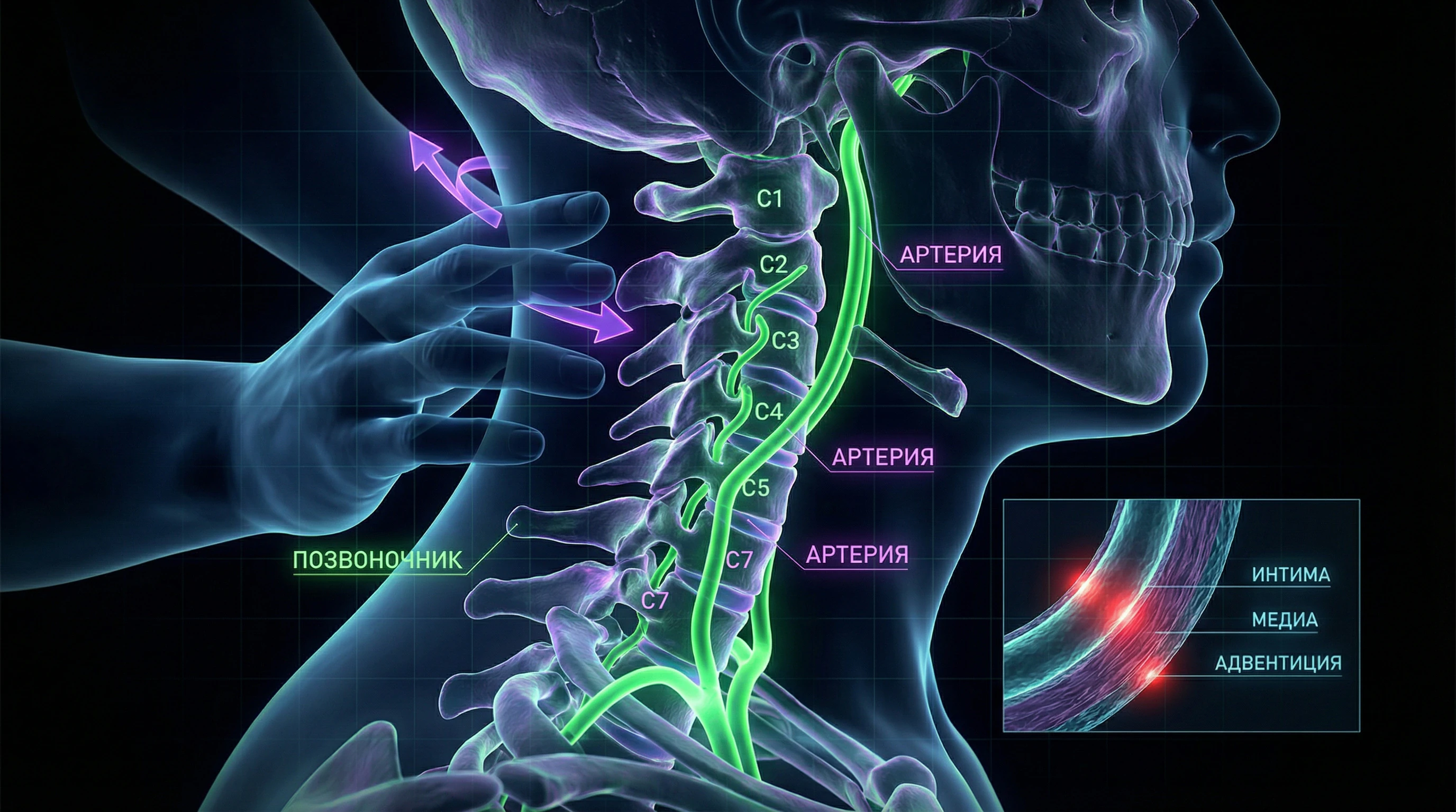 Anatomical diagram of cervical spine with vertebral arteries and zones of mechanical force during chiropractic manipulation