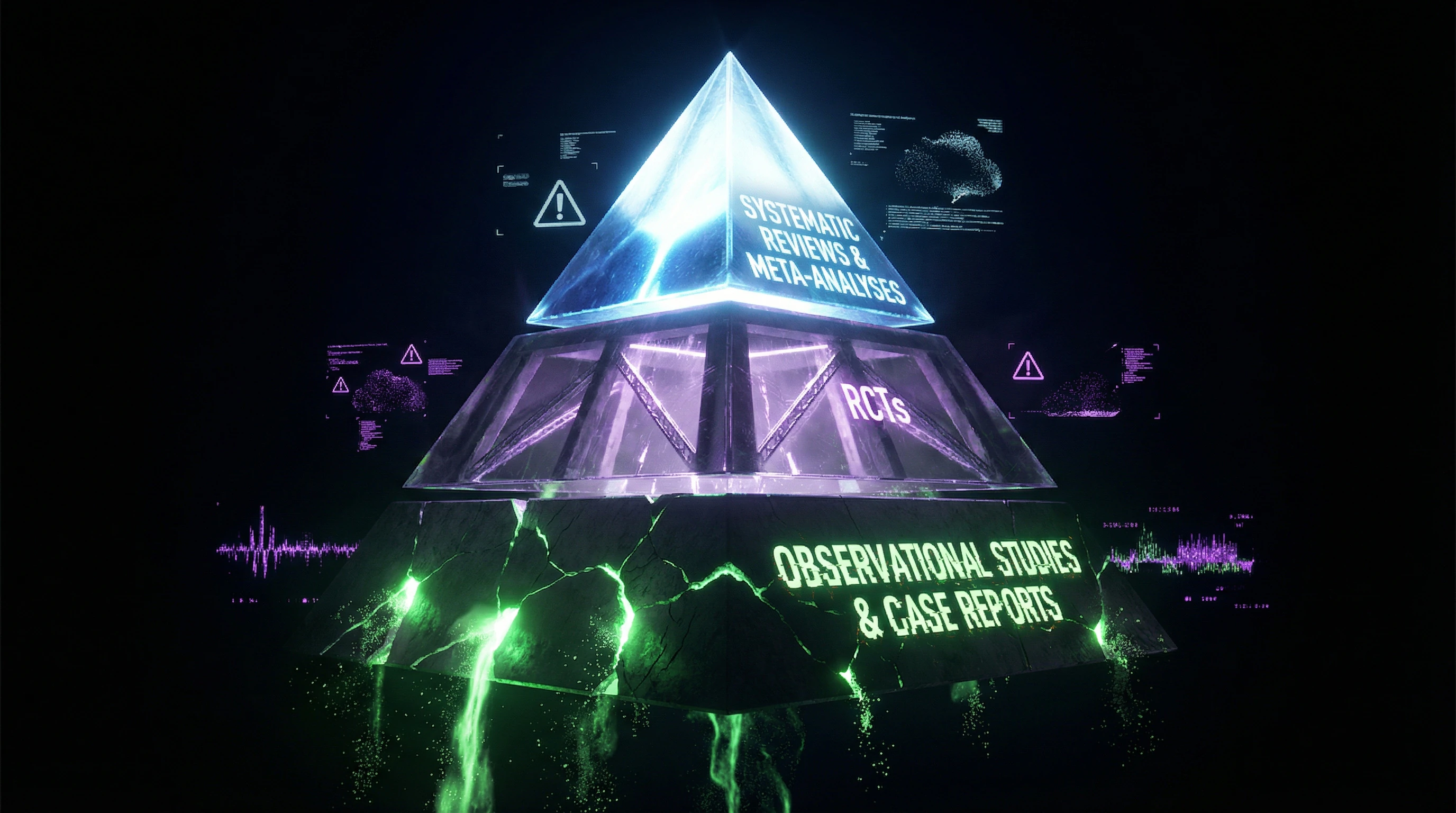 Evidence-based medicine pyramid with cracks in the foundation