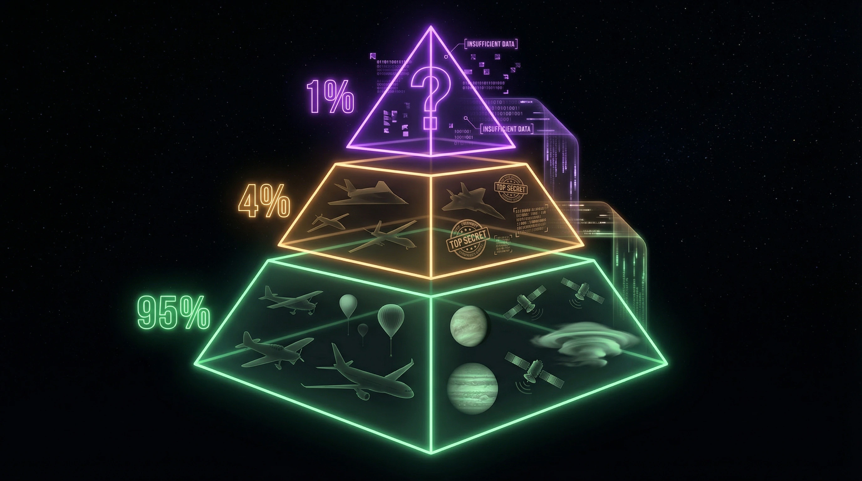 Three-tier pyramid classification of UFO reports with percentage distribution