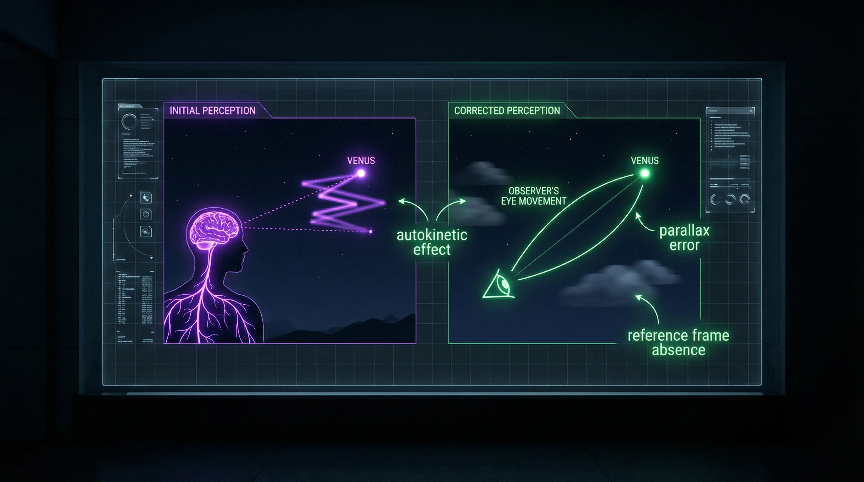 Diagram of cognitive biases when observing objects in the sky without reference points