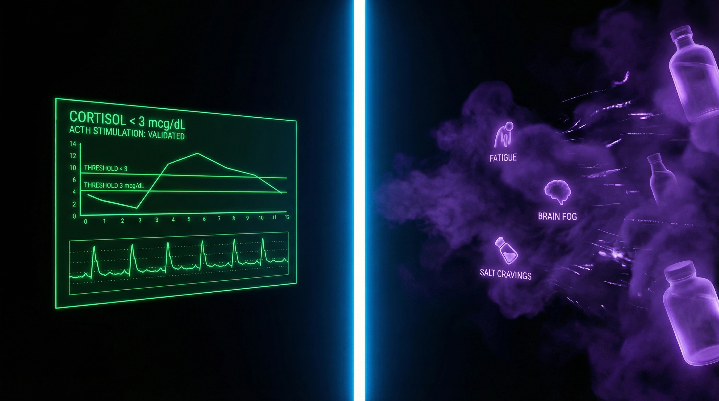 Comparative diagram of diagnostic criteria for actual adrenal insufficiency versus the pseudodiagnosis of adrenal fatigue