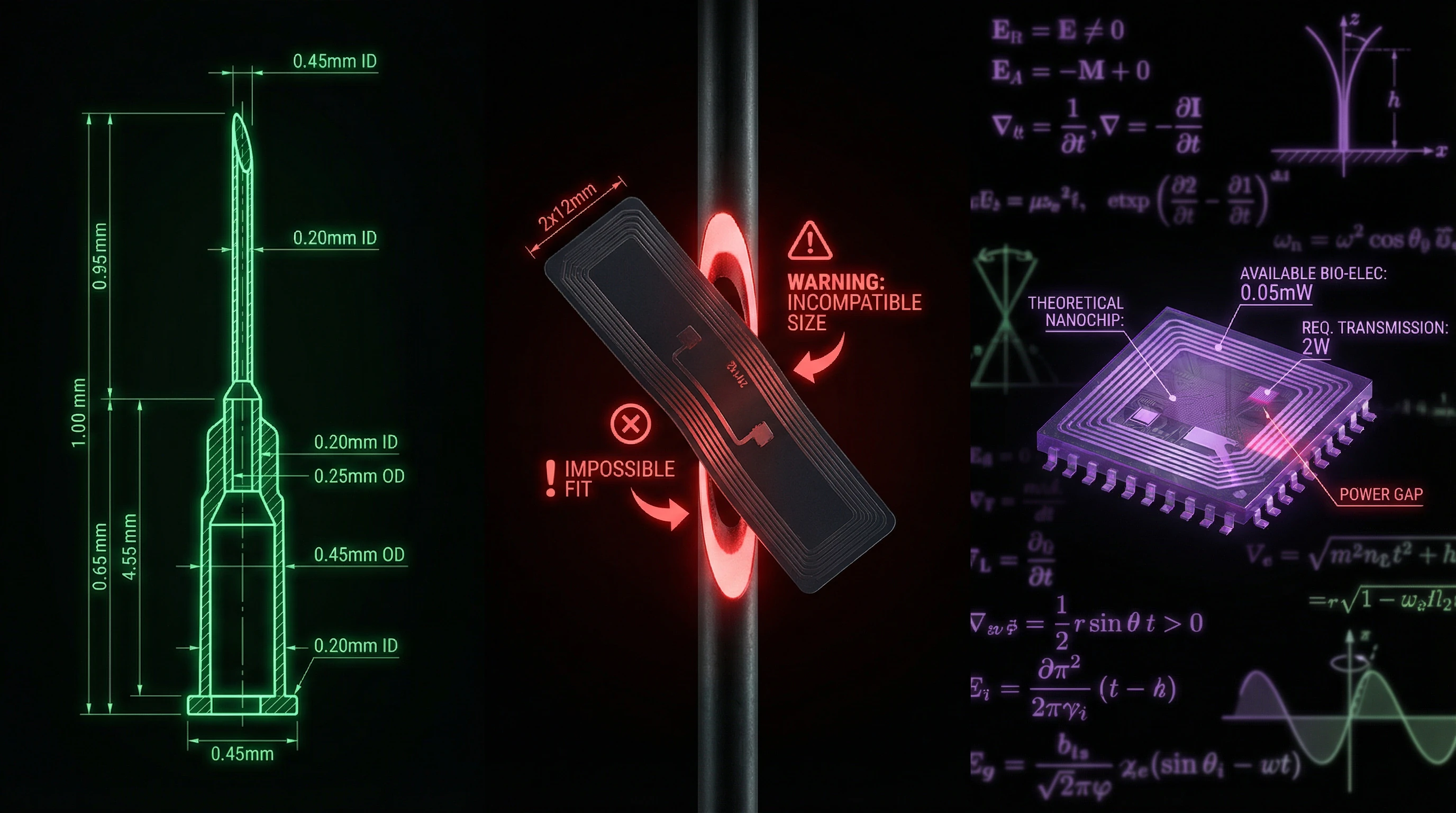Comparative visualization of vaccine needle, RFID chip, and hypothetical nanochip sizes with energy requirements