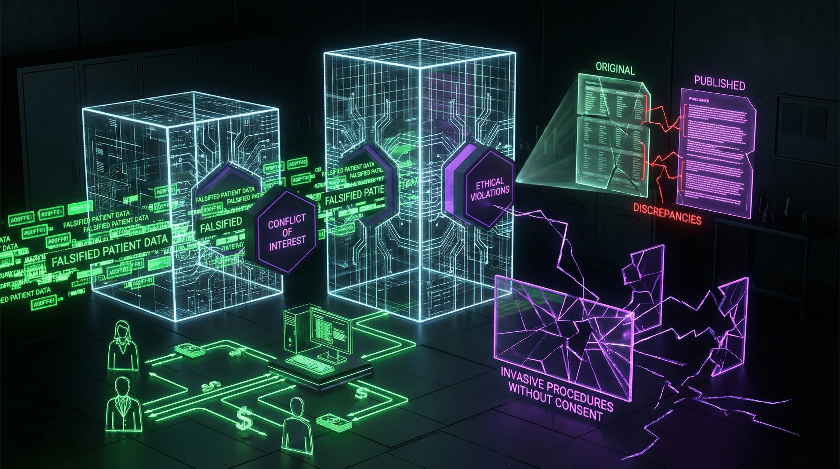 Three-level structure of Wakefield's scientific fraud with visualization of data falsification