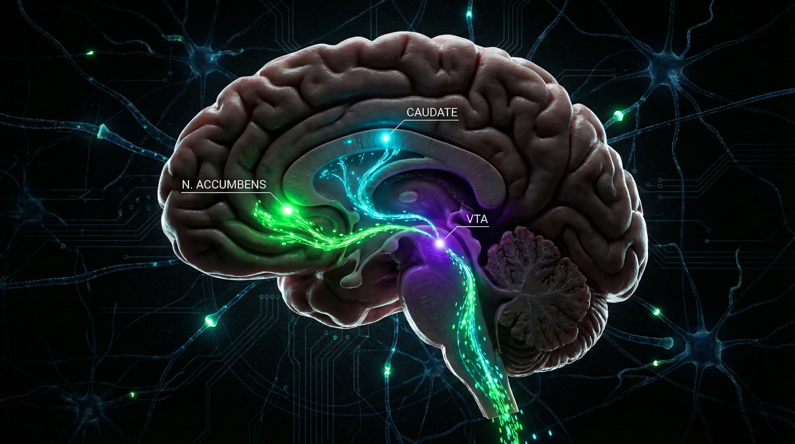 Трёхмерная визуализация дофаминергического контура романтической любви с выделенными VTA, nucleus accumbens и caudate nucleus