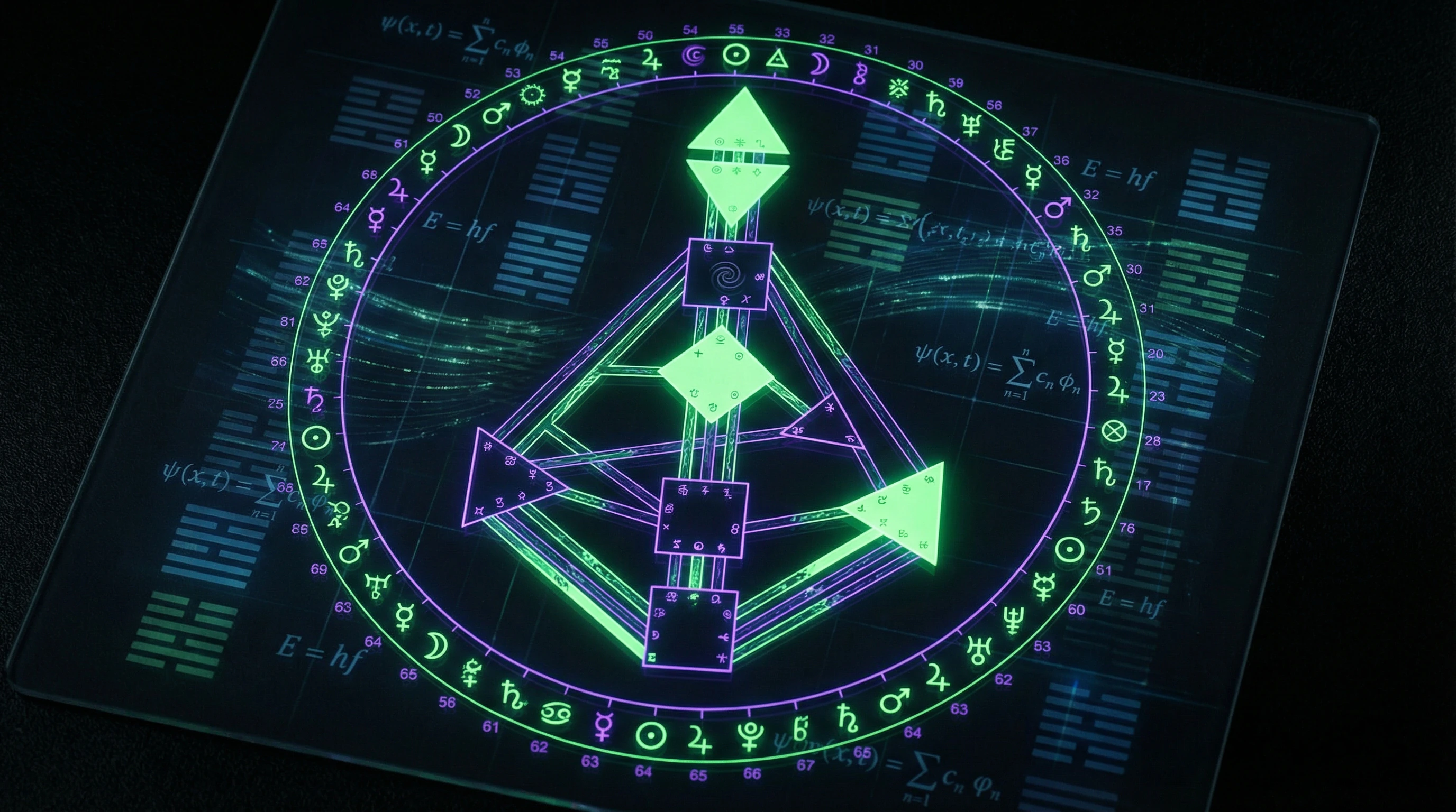 Human Design bodygraph diagram with nine centers, channels and gates in neon cyberpunk aesthetic