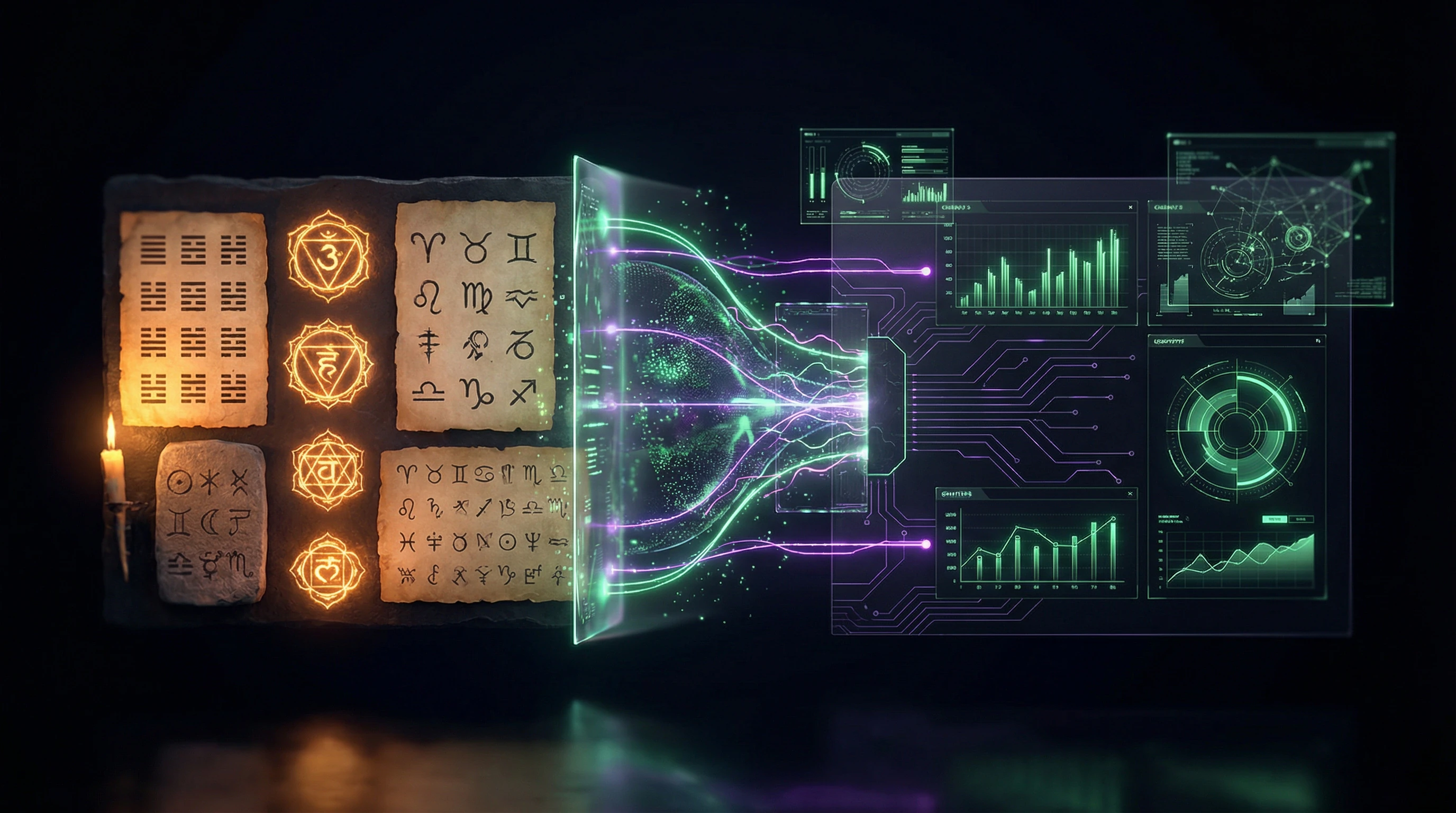 Visualization of Human Design's terminological camouflage with ancient symbols and modern infographics