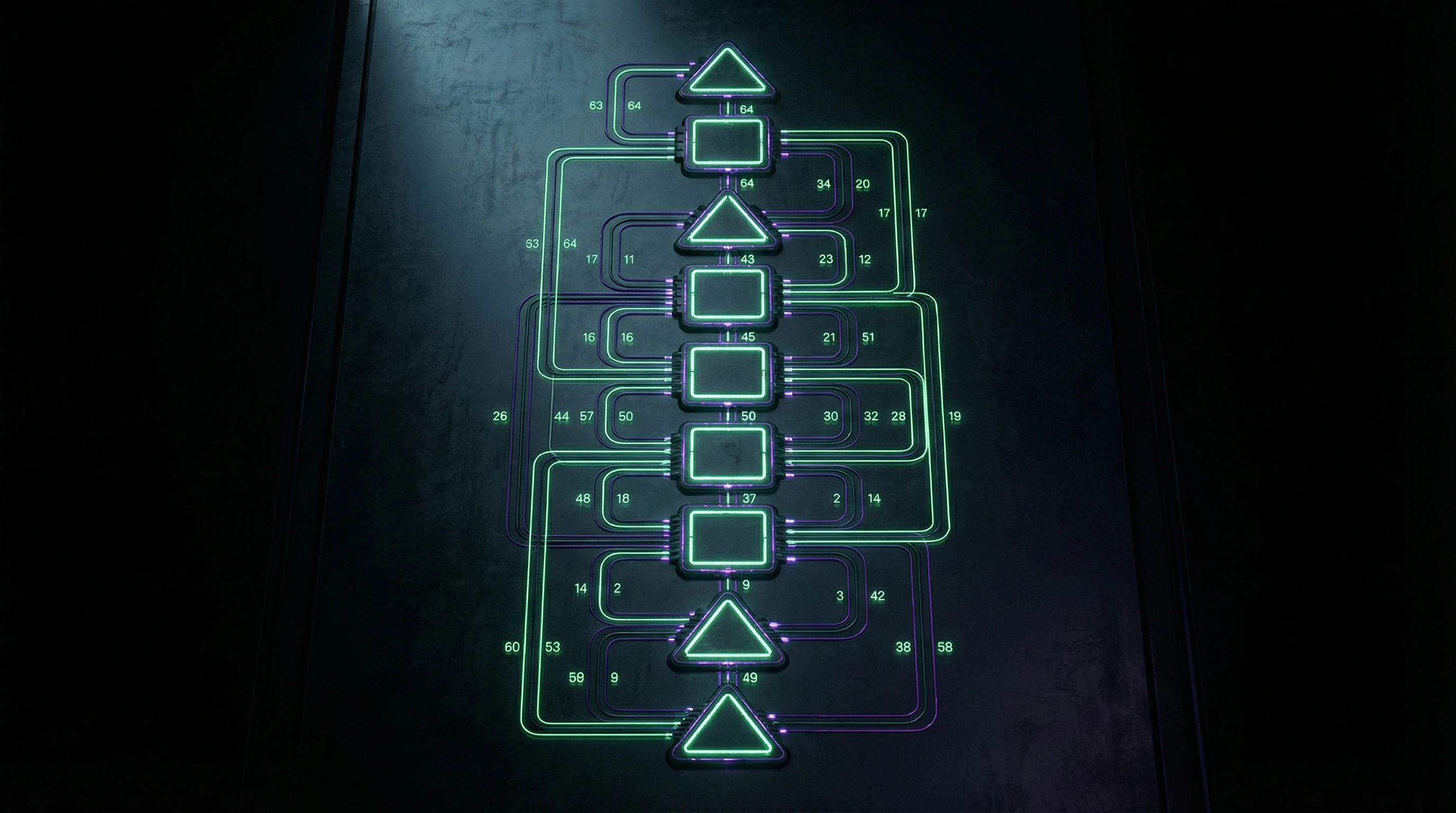 Schematic representation of Human Design bodygraph with nine energy centers and channels