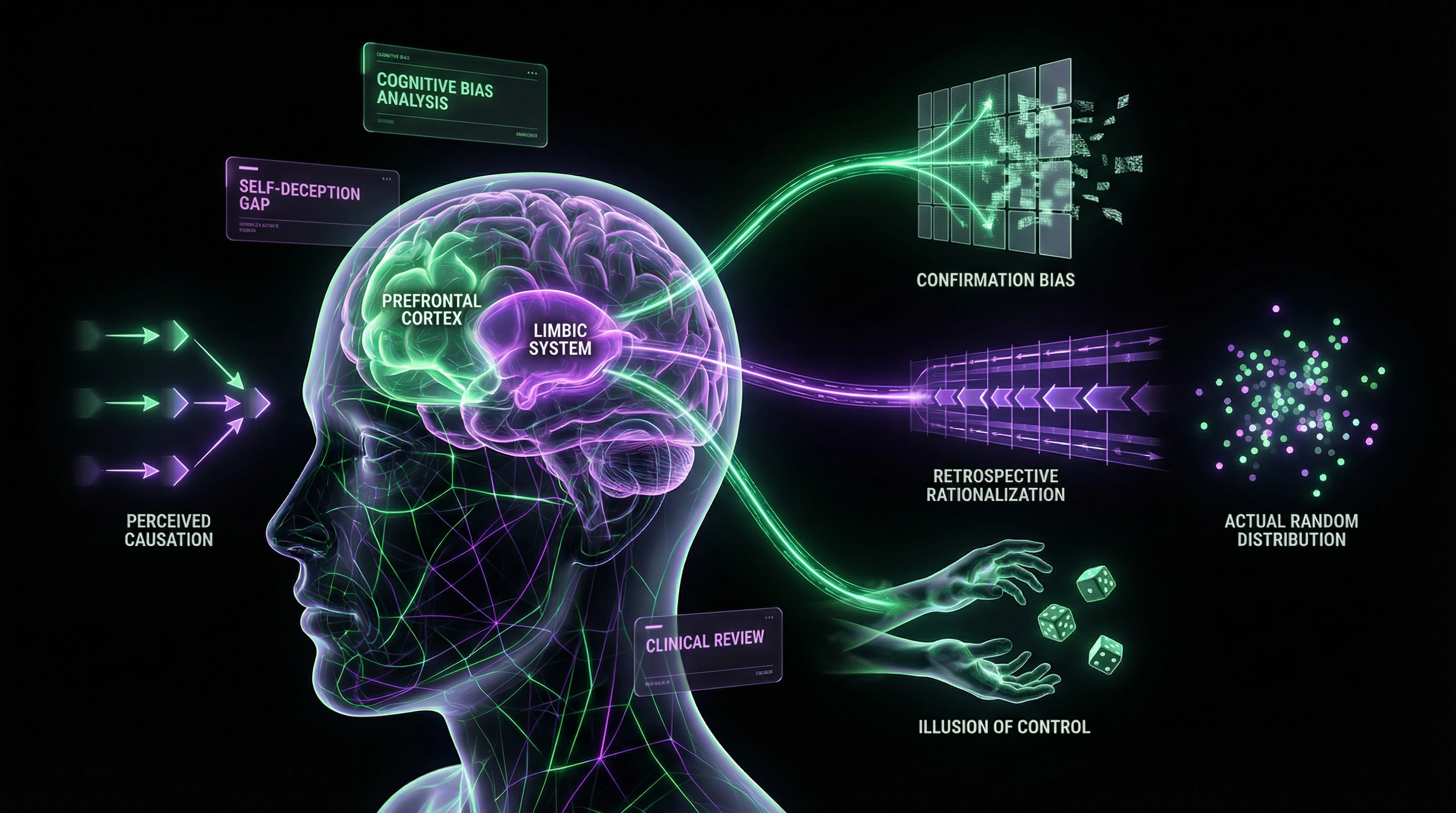 Diagram of cognitive biases creating the illusion of the Law of Attraction