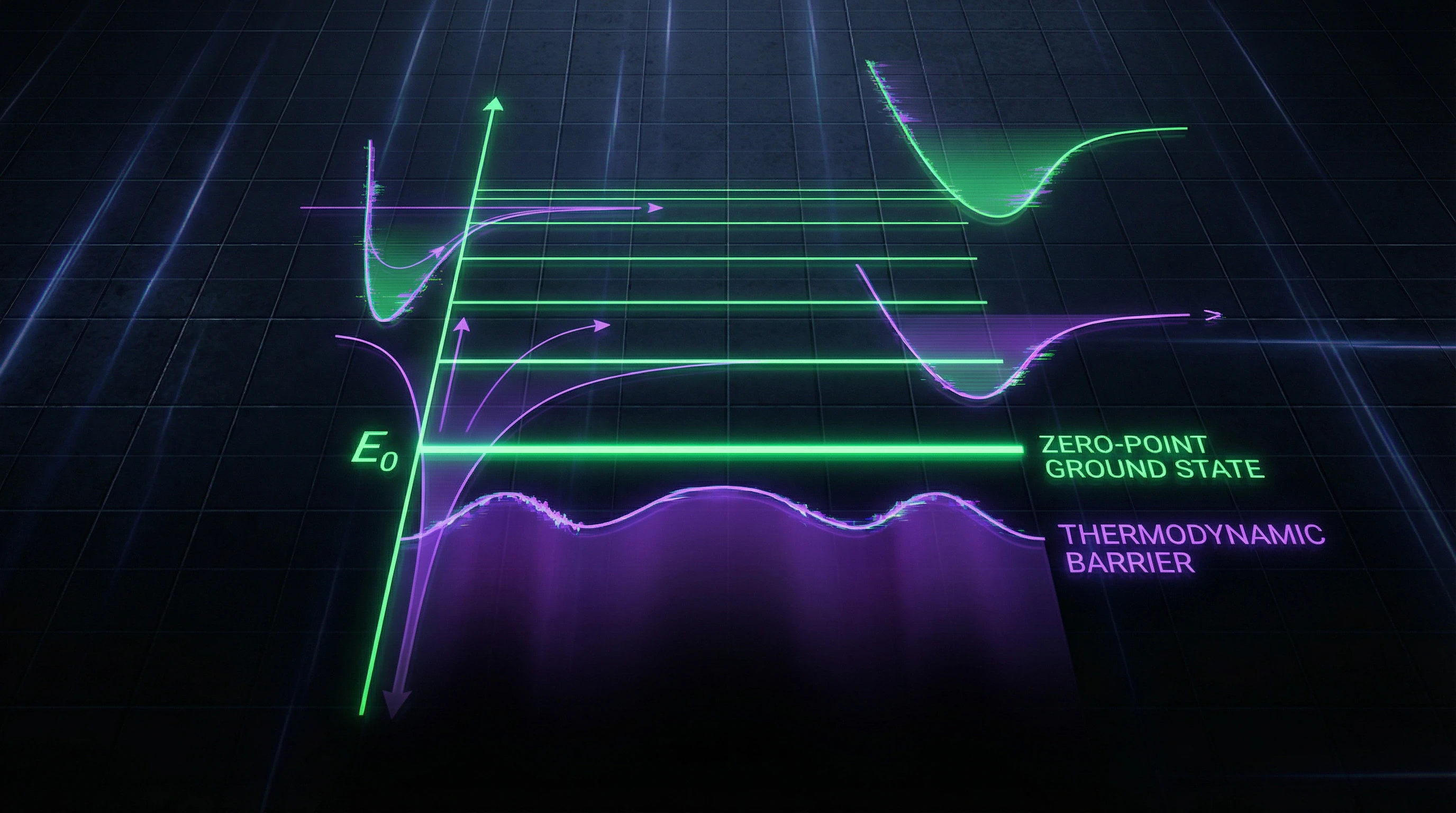 Energy level diagram of a quantum system with highlighted ground state and impossibility of extracting energy below the zero point