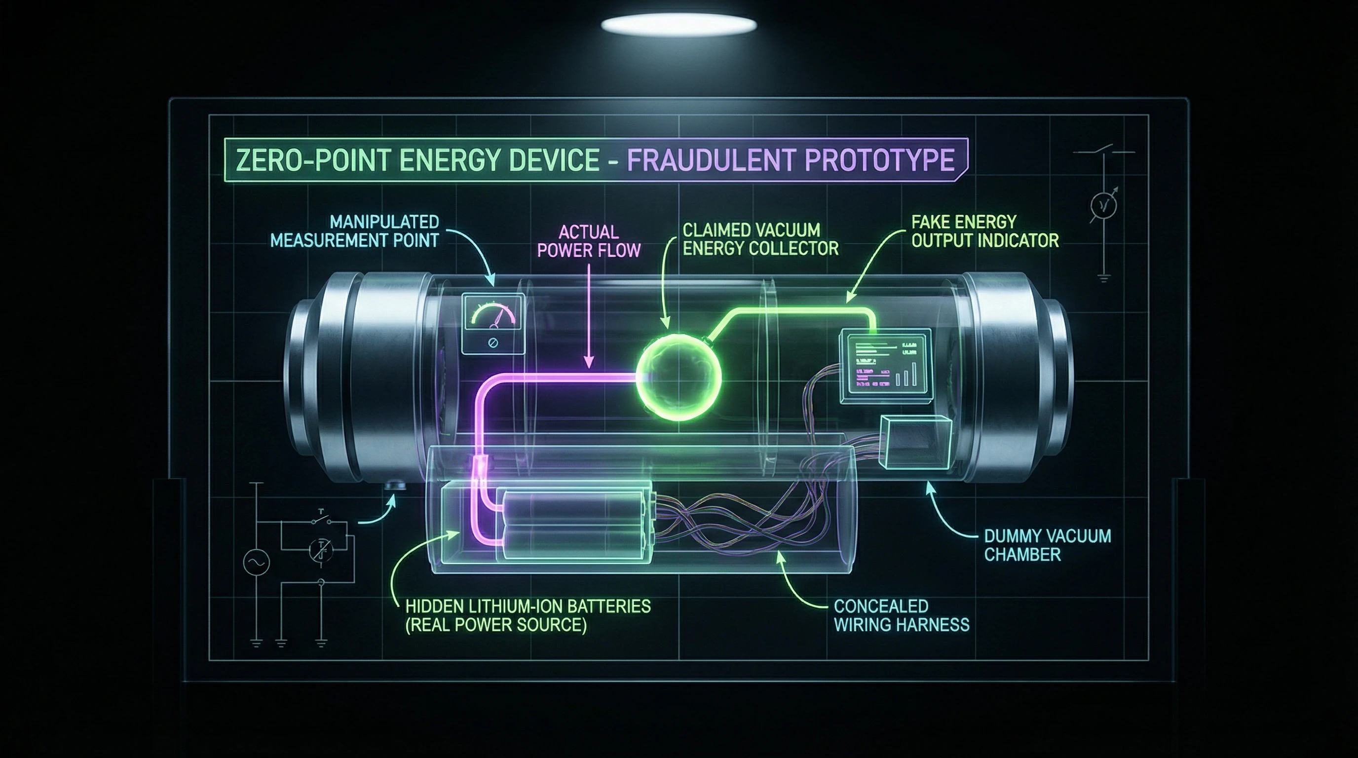 Schematic anatomy of a typical fraudulent device highlighting hidden energy sources and measurement manipulation points