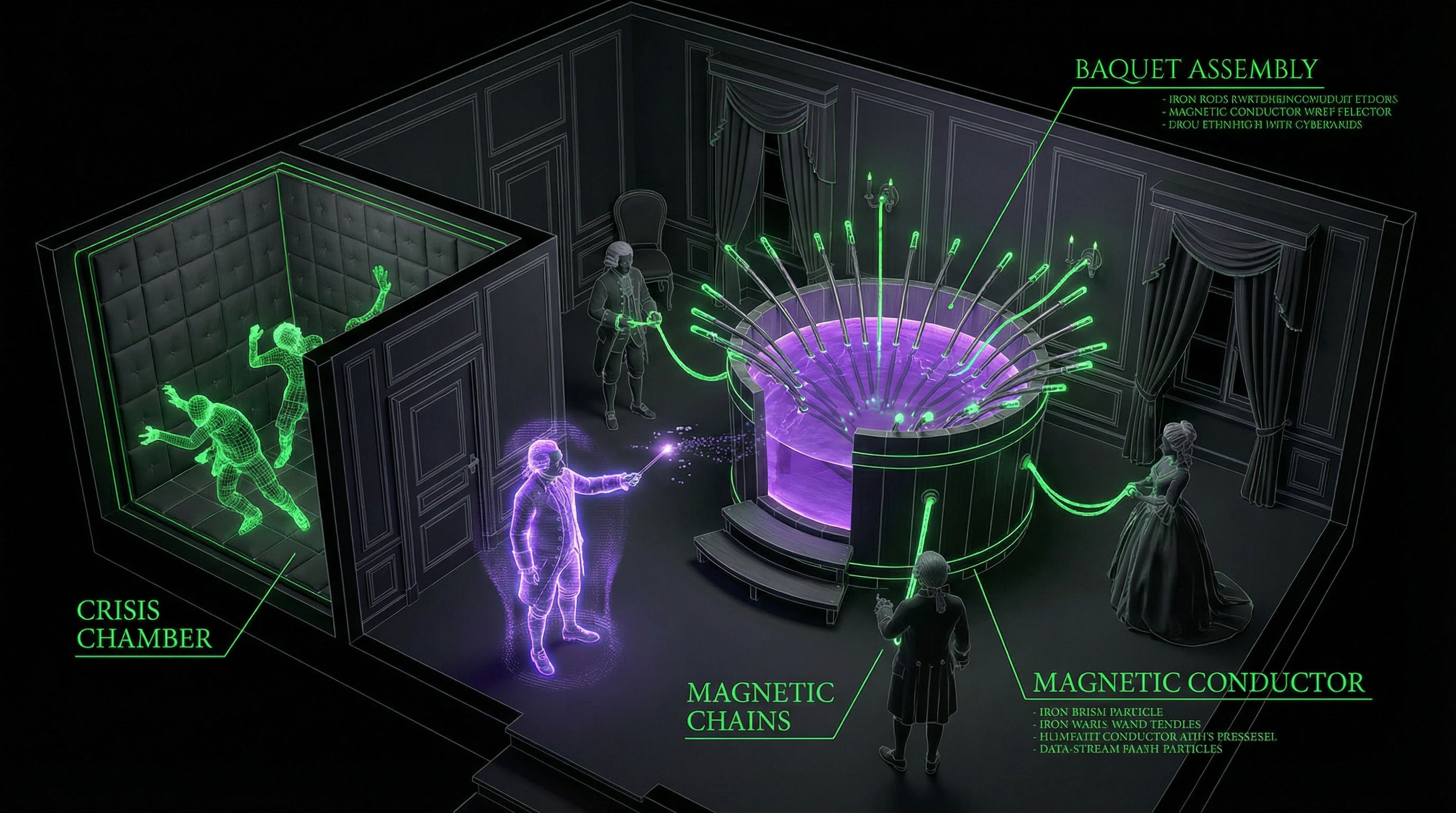 Reconstruction of Mesmer's salon with baquet and patients in magnetic crisis state