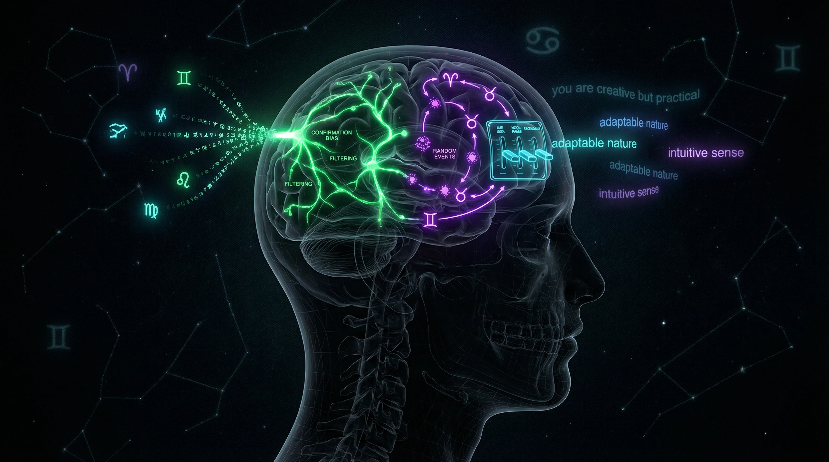 Diagram of cognitive mechanisms making astrology convincing: Barnum effect, confirmation bias, illusion of control