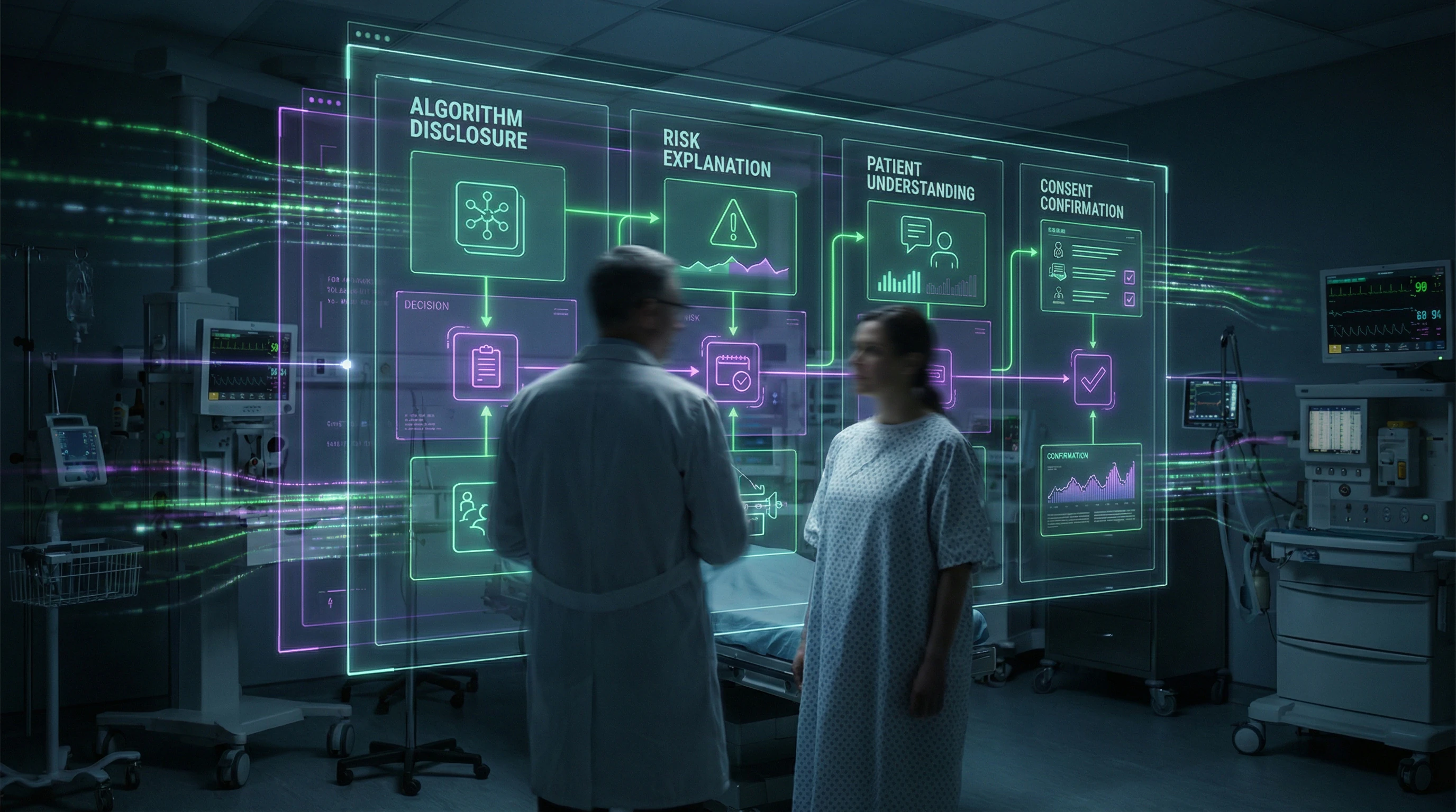Diagram of the informed consent process when using AI-assisted surgical systems with key information disclosure stages indicated
