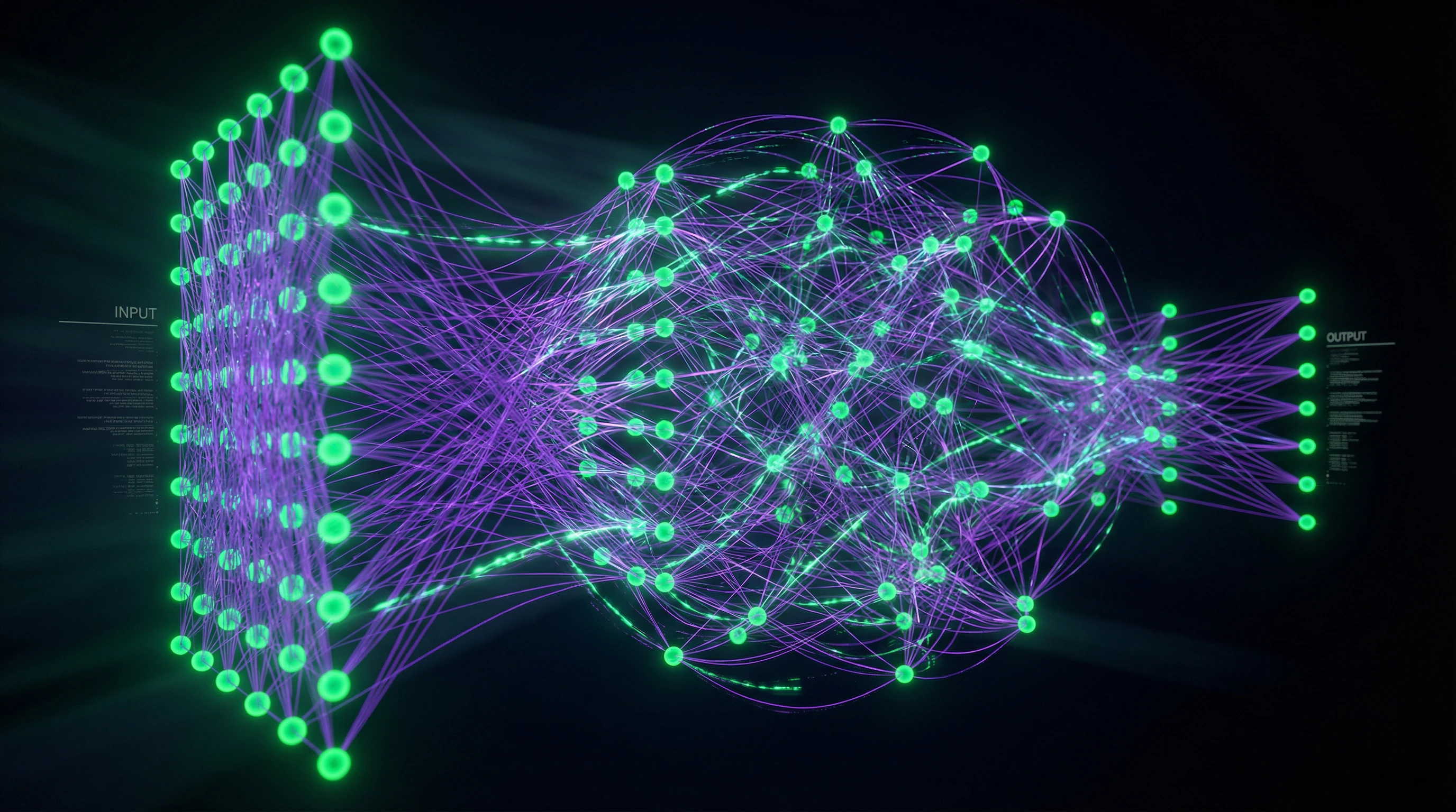 Multi-layer architecture of an artificial neural network with input, hidden, and output layers