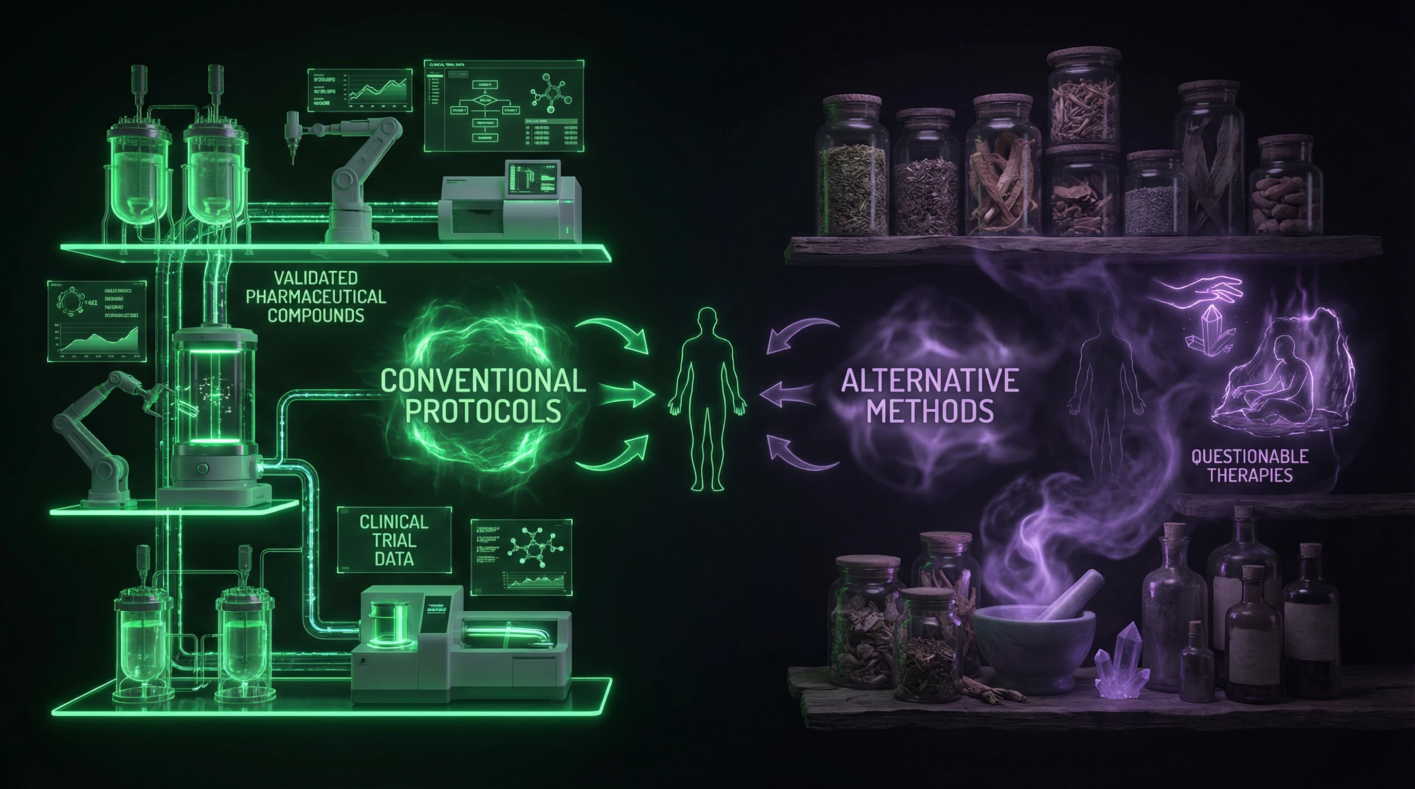 Comparative diagram of conventional and alternative cancer treatment methods