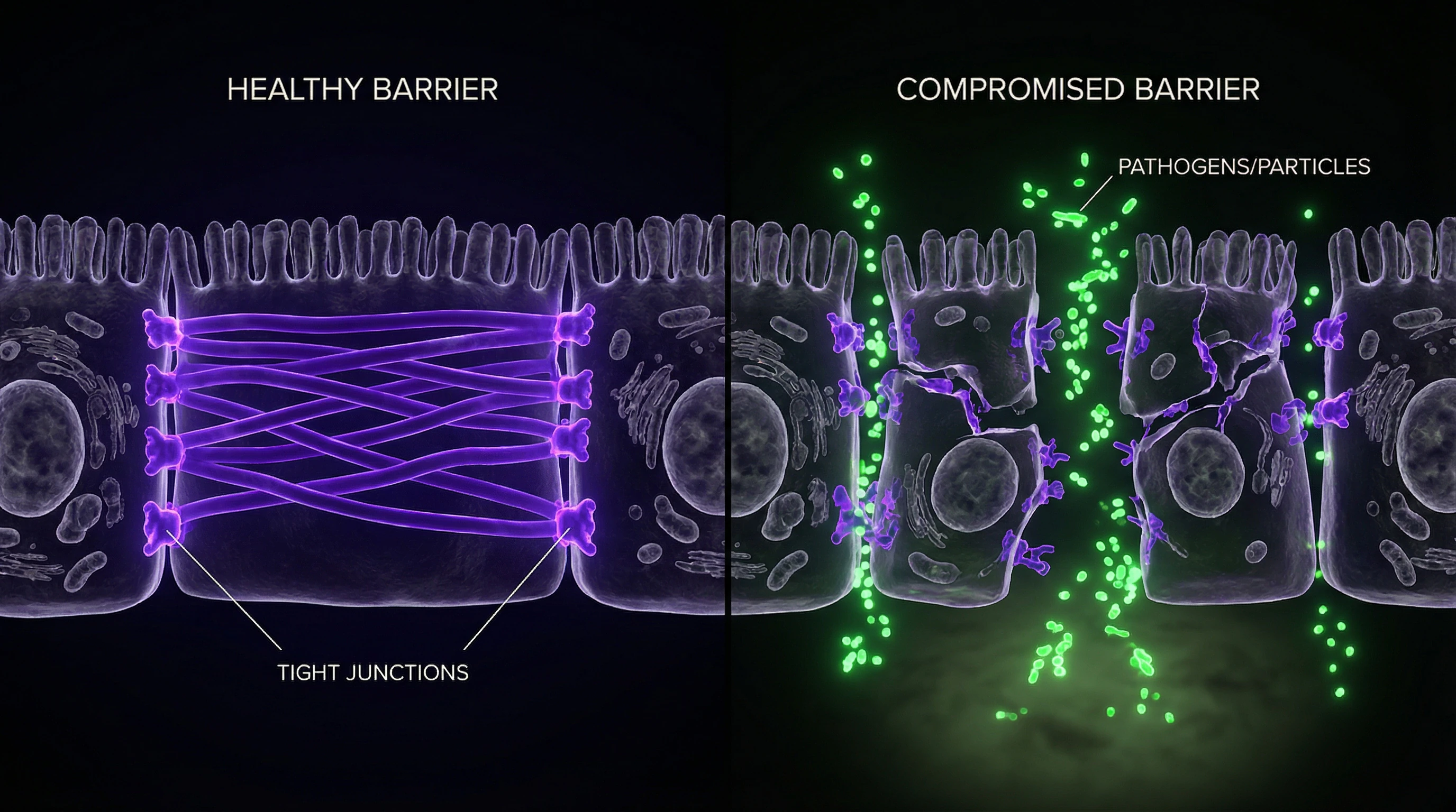 Diagram of intestinal barrier structure with tight junctions between epithelial cells