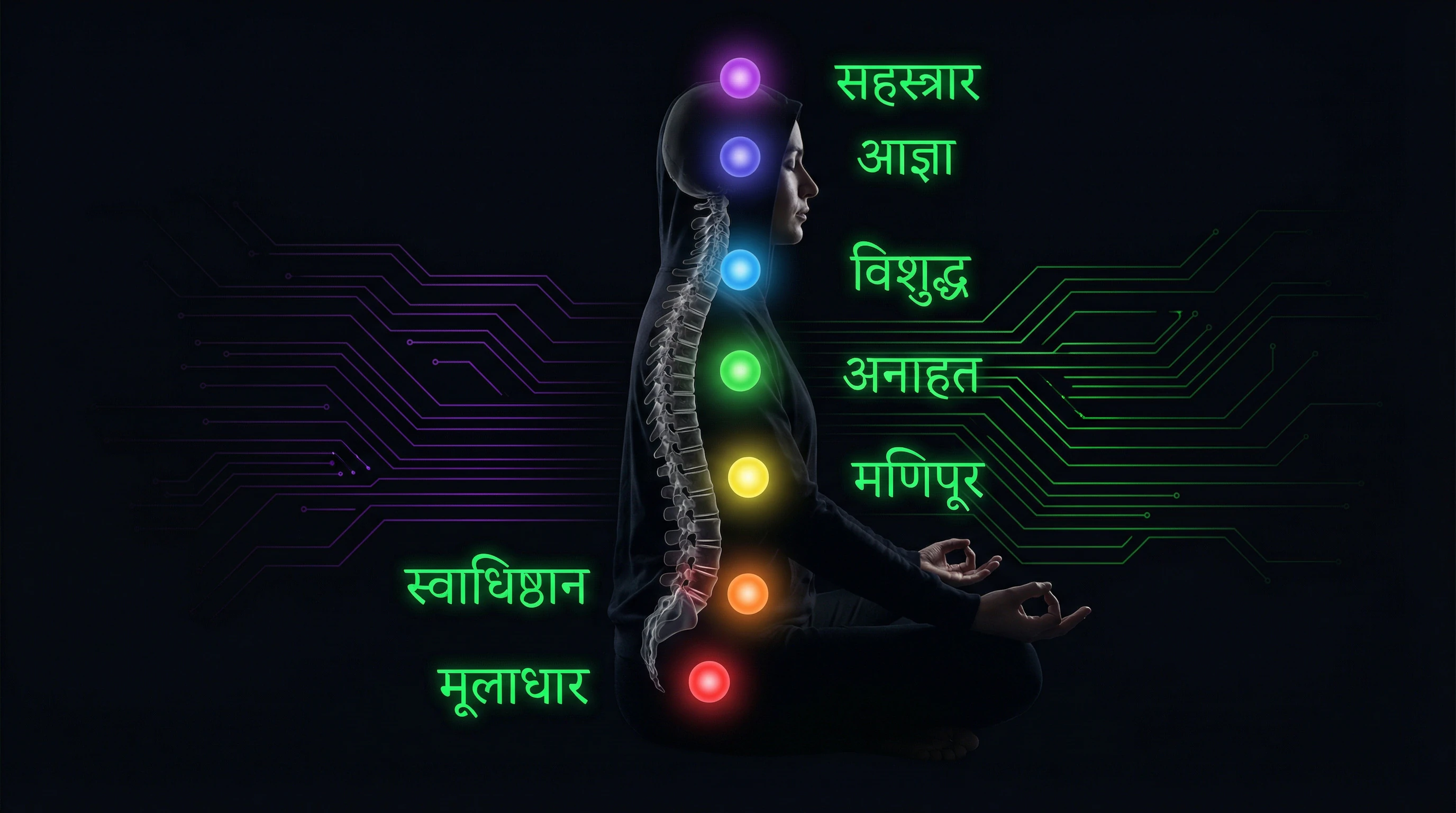 Diagram showing the location of seven primary chakras along the spine with Sanskrit names