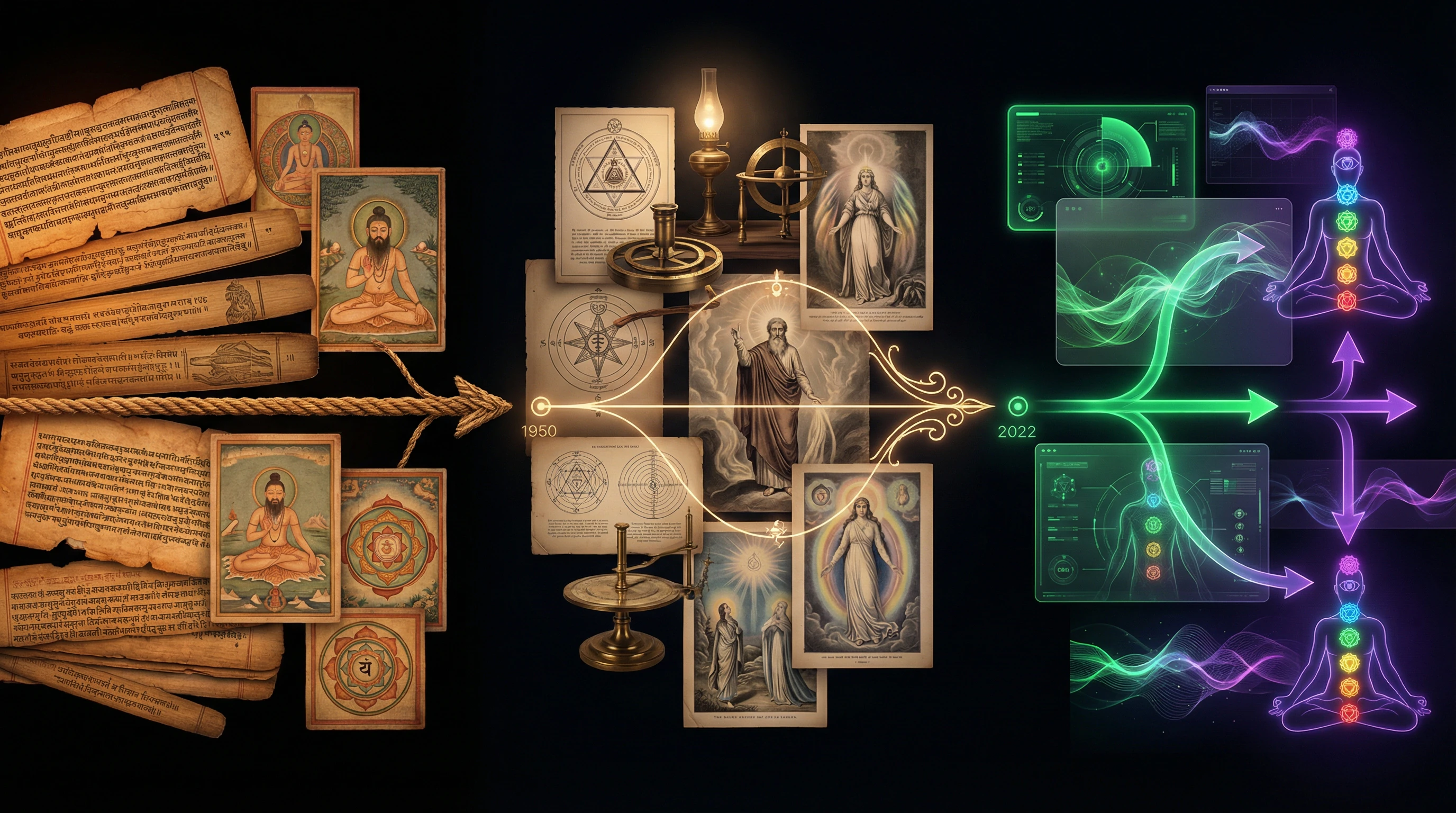 Timeline of the transformation of the chakra concept from ancient texts to modern times