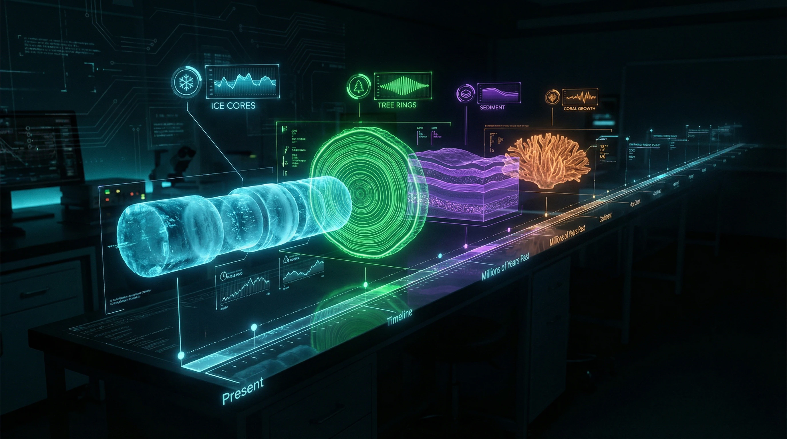 Major types of paleoclimate proxy indicators and their temporal ranges