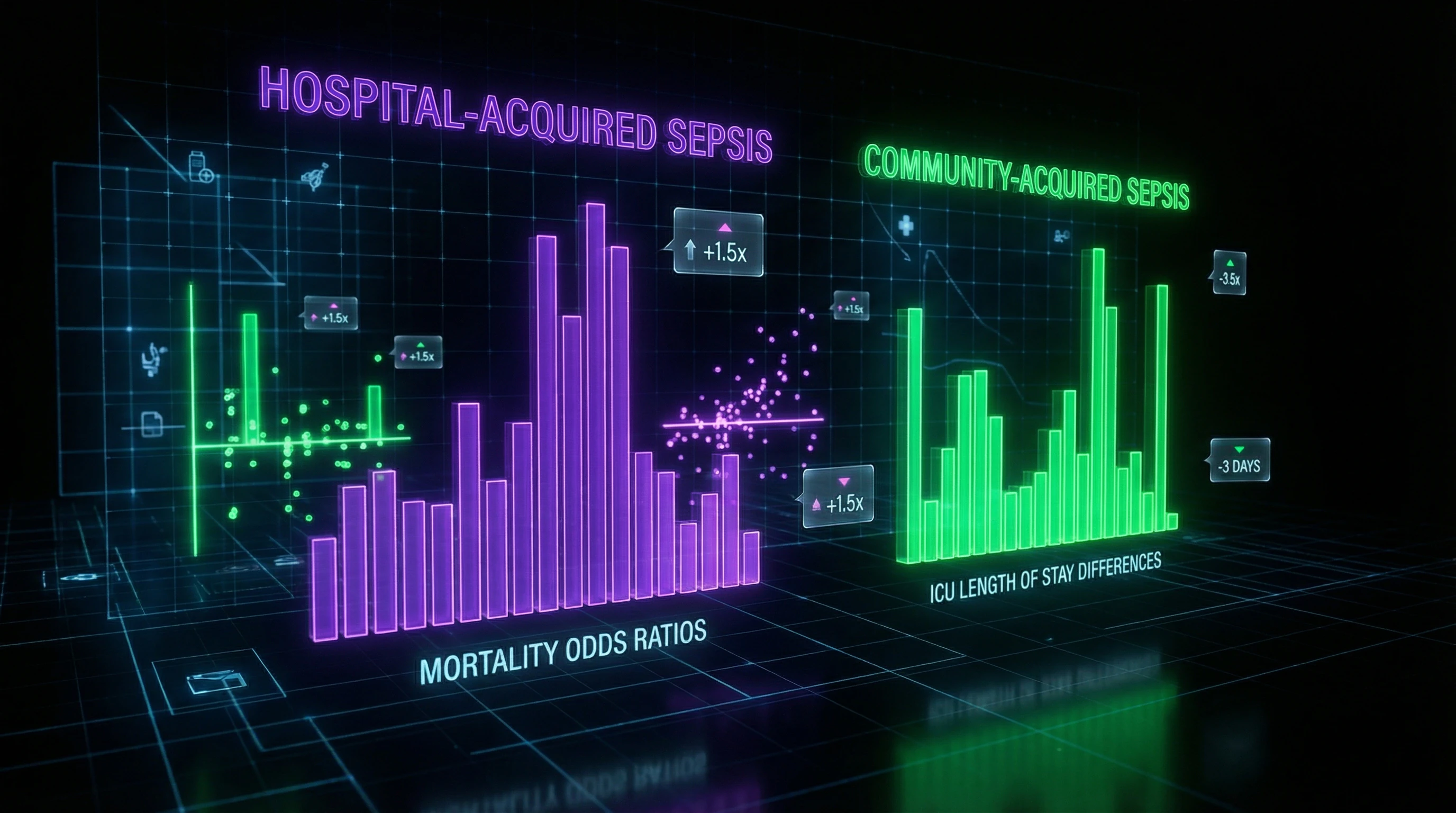 Comparative chart of mortality and ICU length of stay for hospital-acquired and community-acquired sepsis