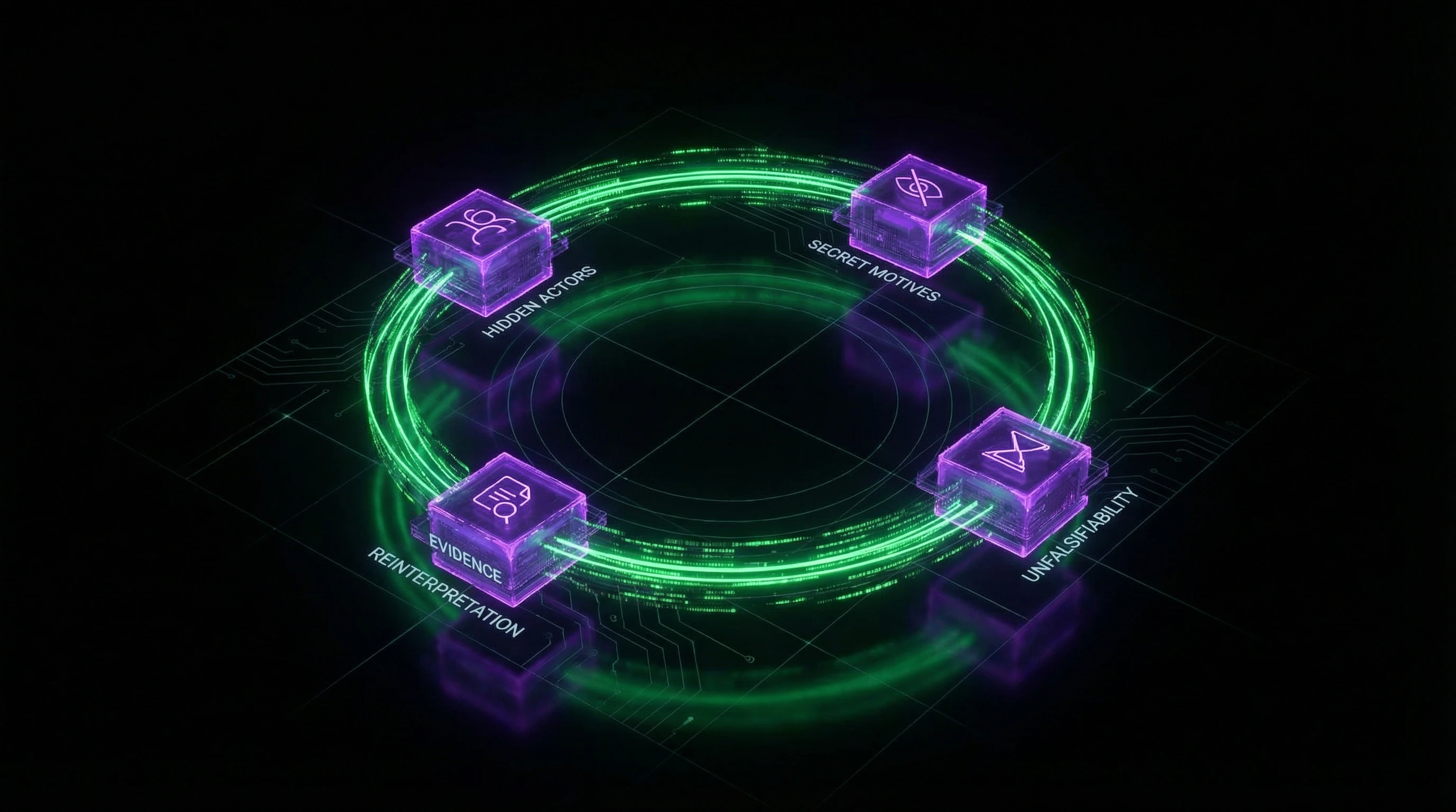 Diagram of structural elements of conspiracy narrative with interconnections