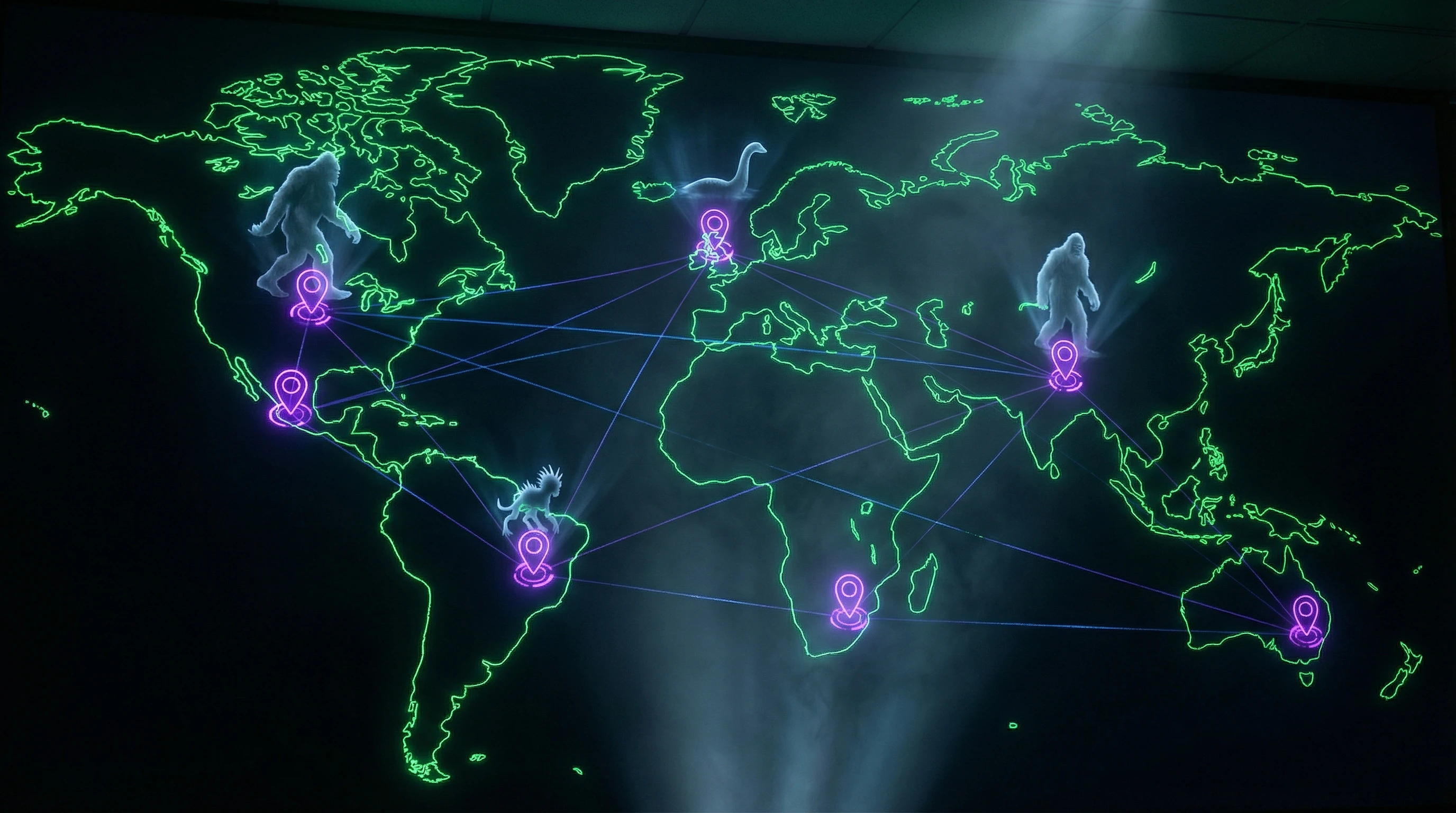 World map with marked locations of famous cryptids
