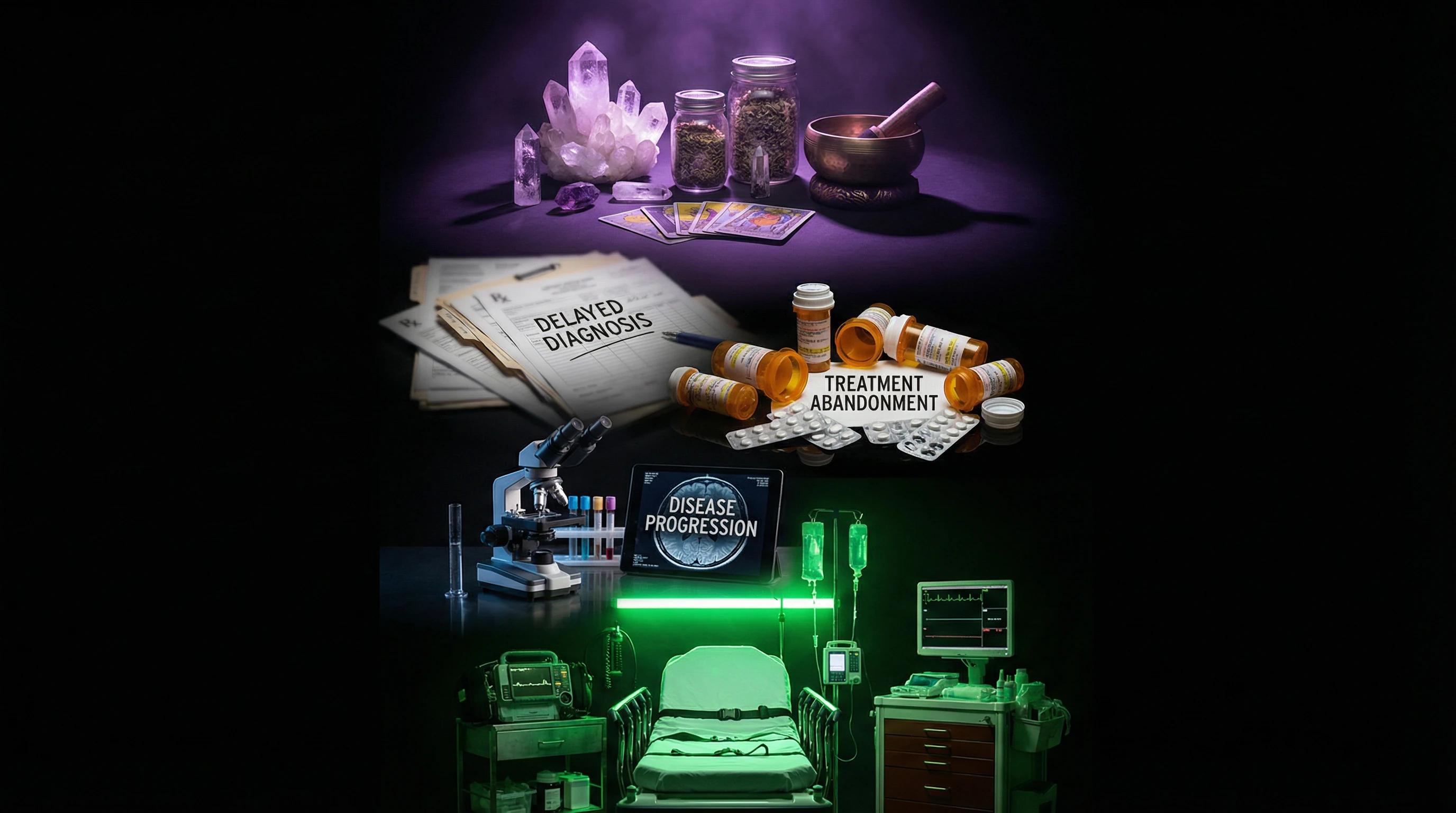 Infographic of risks from abandoning evidence-based medicine in favor of alternative crystal practices