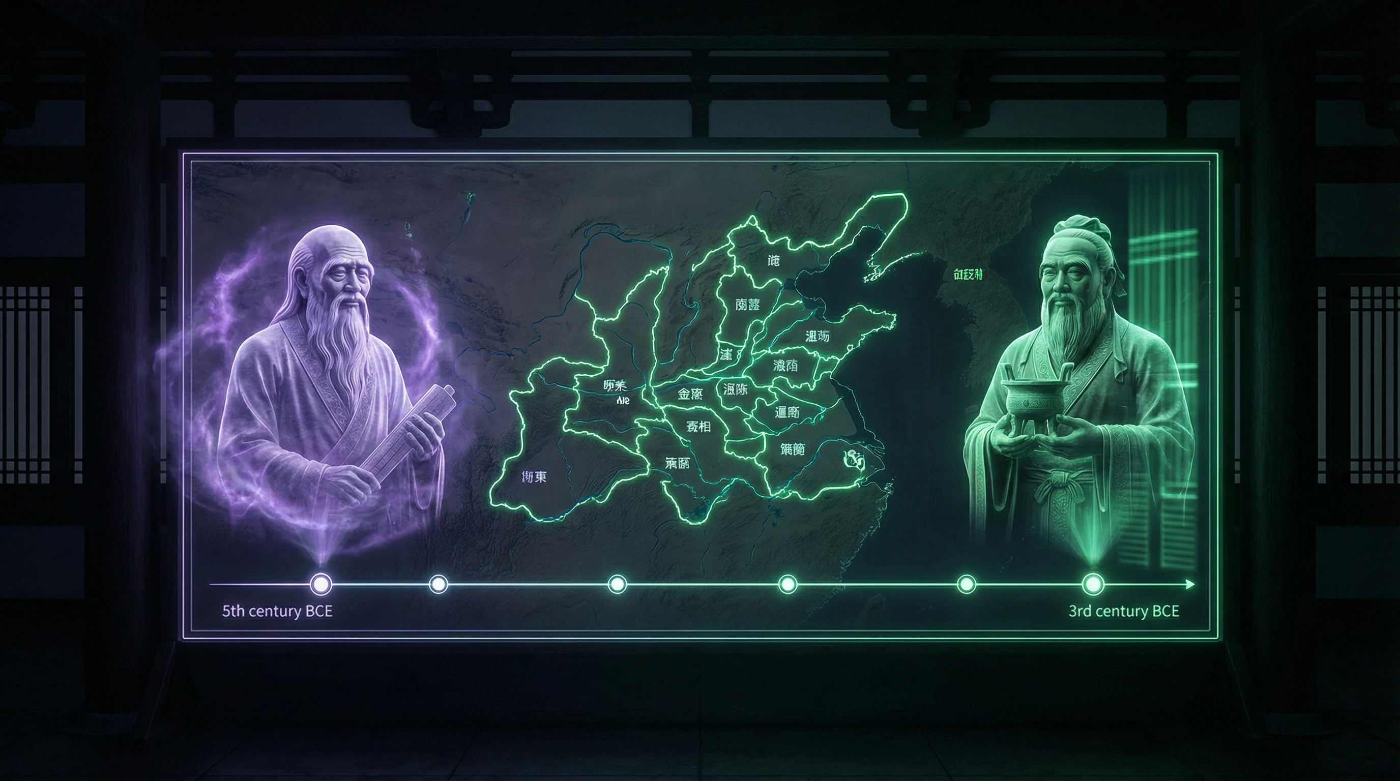 Chronological timeline with portraits of Laozi and Confucius against a map of ancient China during the Warring States period