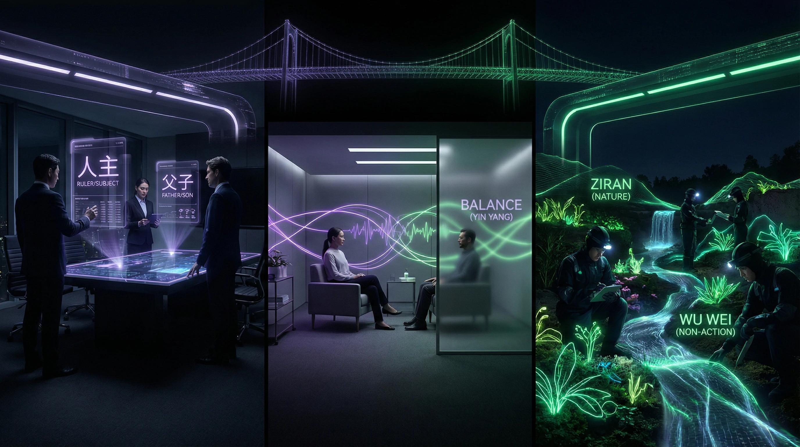 Diagram of Daoist and Confucian principles applied in modern contexts of business, psychology, and ecology