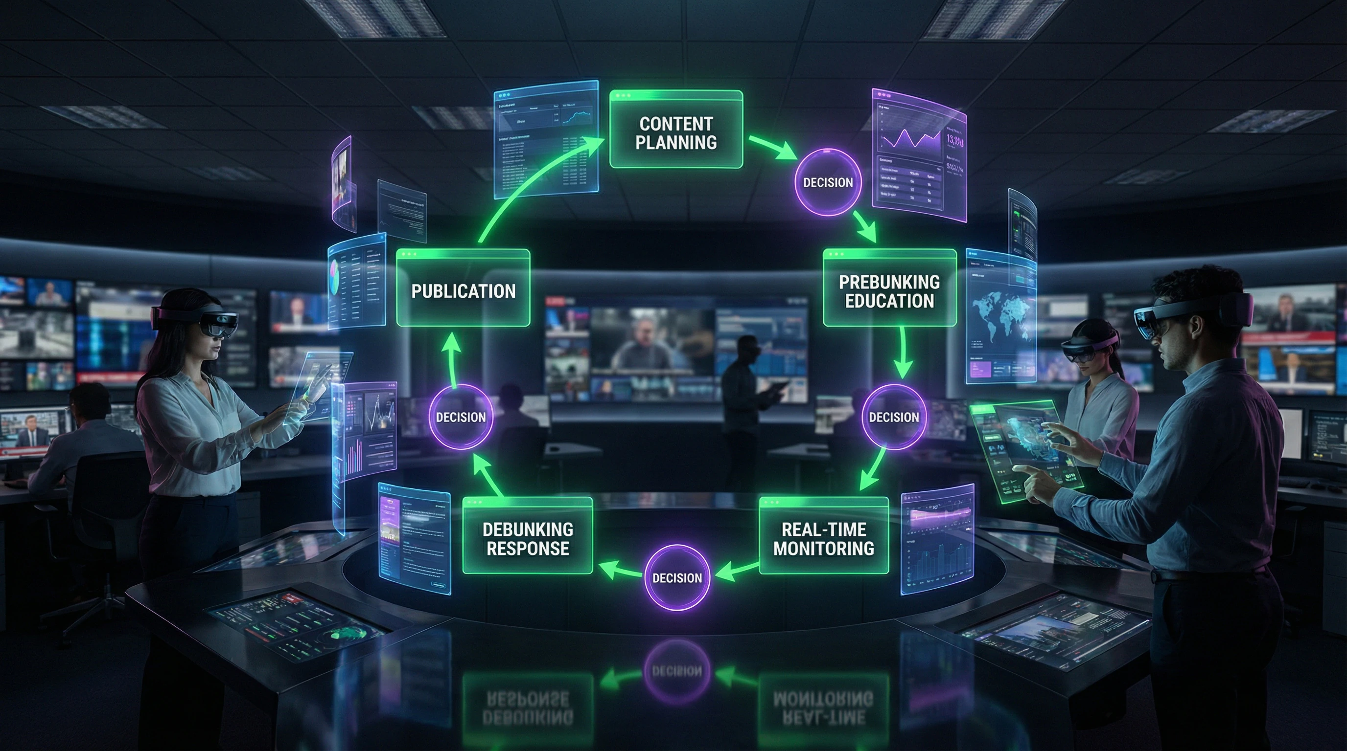 Diagram of editorial process with prebunking and debunking stages