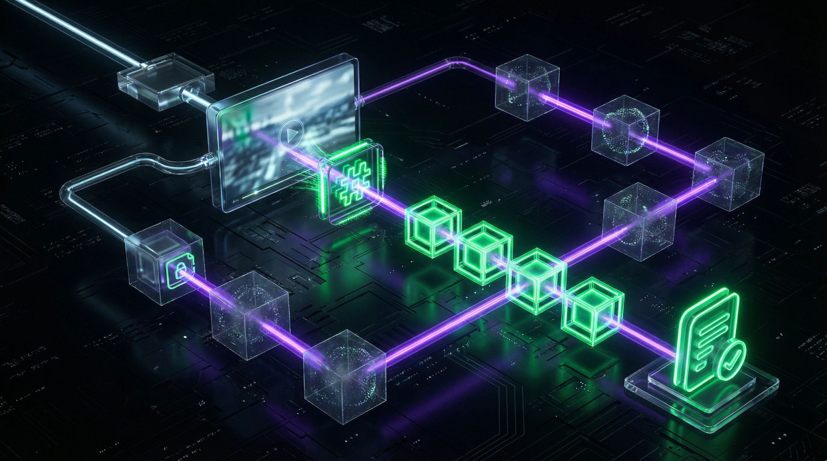 Схема процесса верификации медиаконтента через блокчейн с этапами хеширования, записи в реестр и проверки