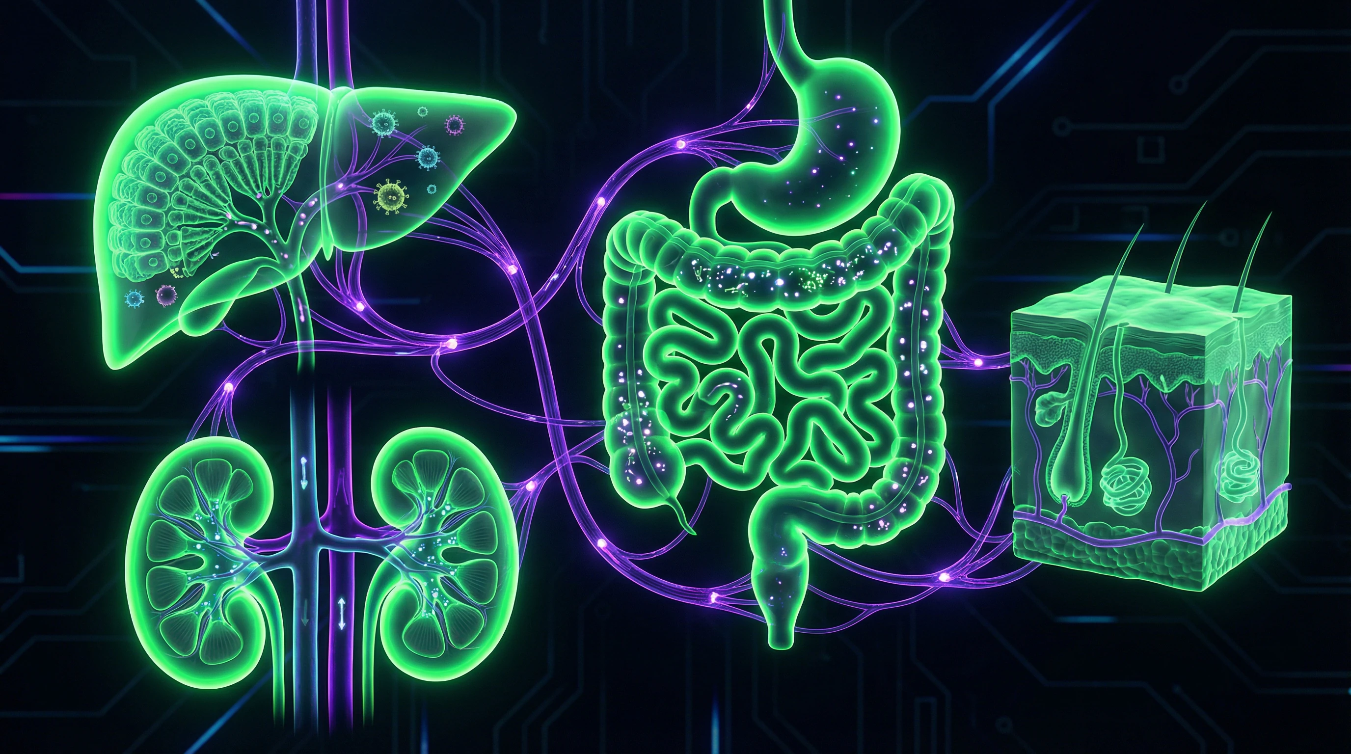 Diagram of major human detoxification organs showing liver, kidneys, intestines, and skin