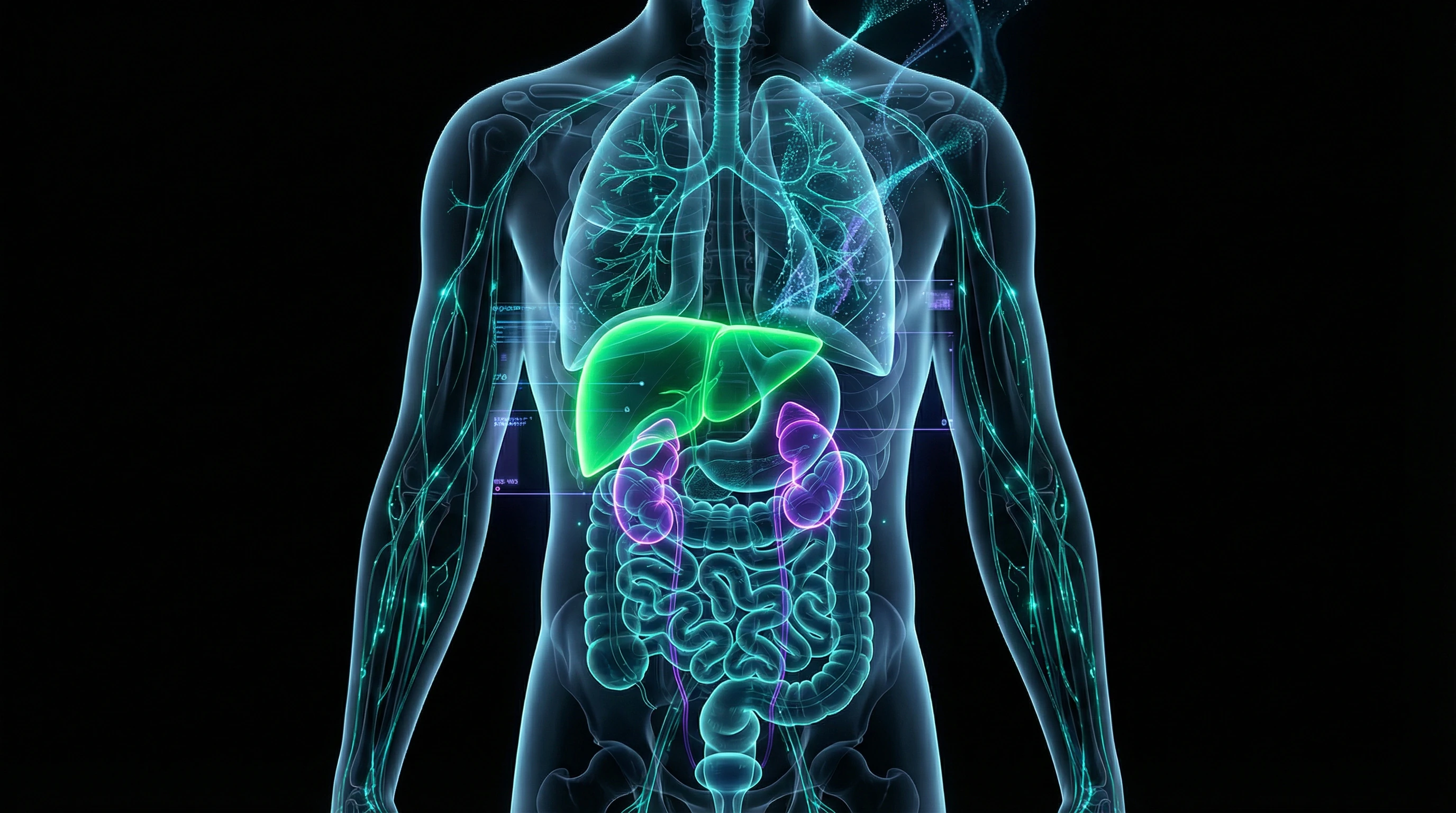 Diagram of natural detoxification organs: liver, kidneys, intestines, lungs, skin