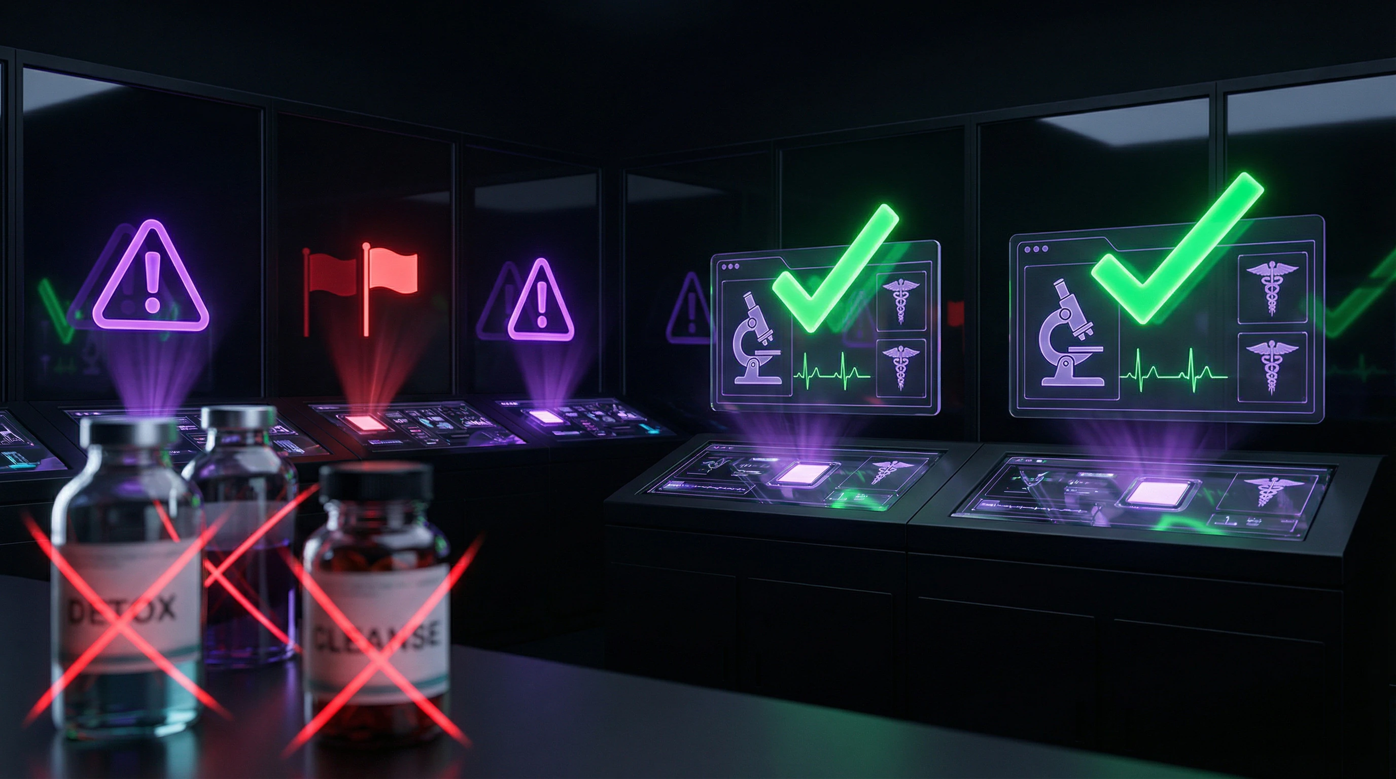 Checklist of pseudoscientific detox warning signs with example phrases