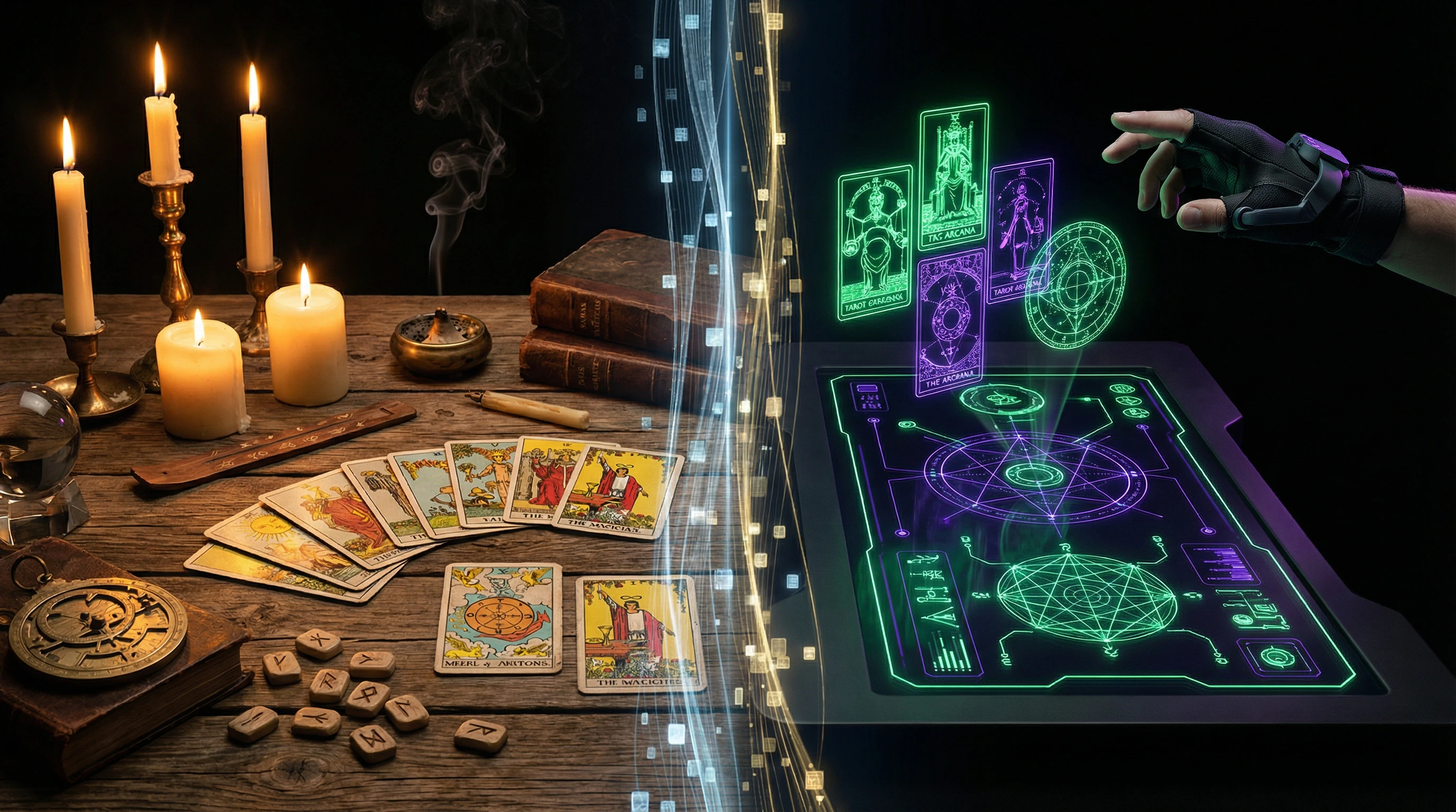 Comparative diagram of traditional and digital divination practices