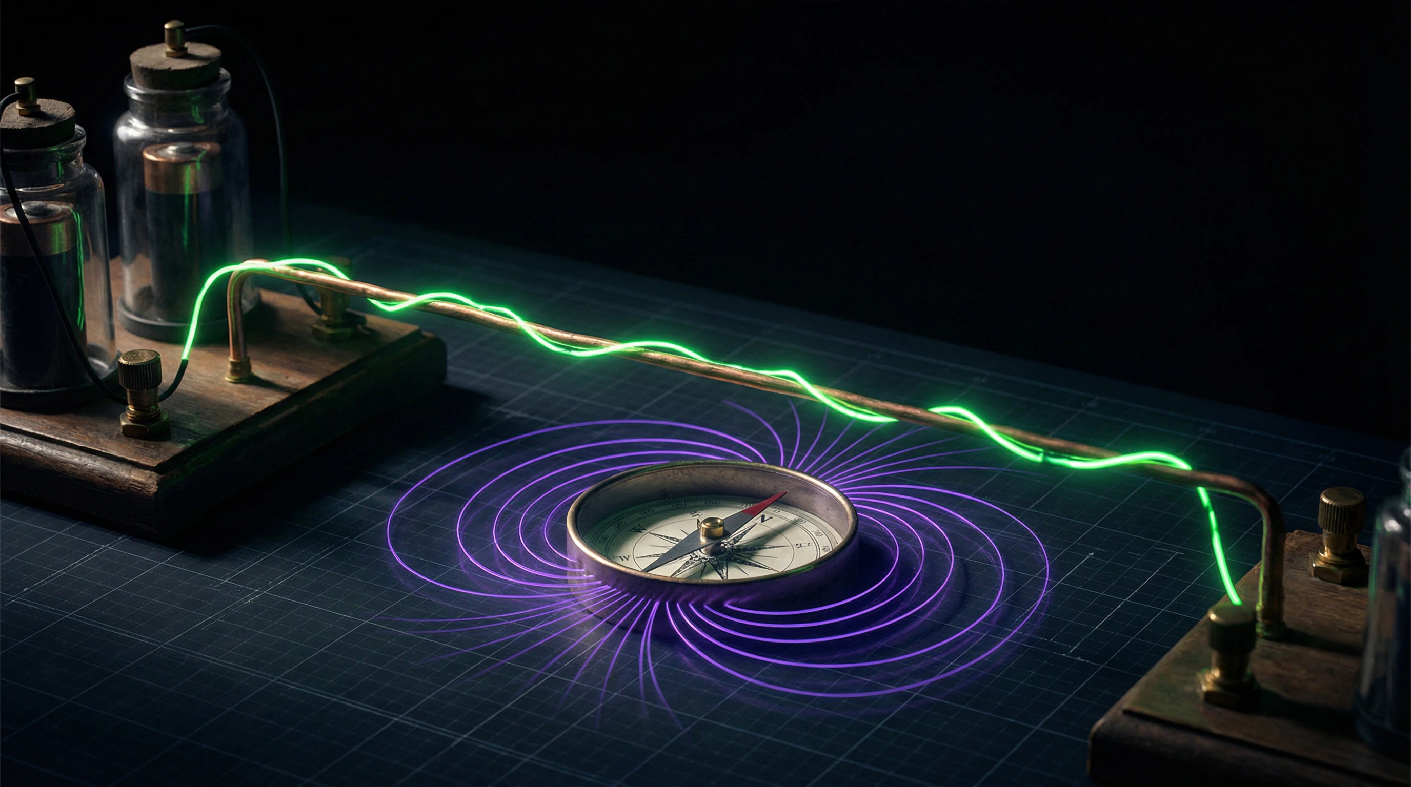 Esquema del experimento de Ørsted con conductor y aguja magnética