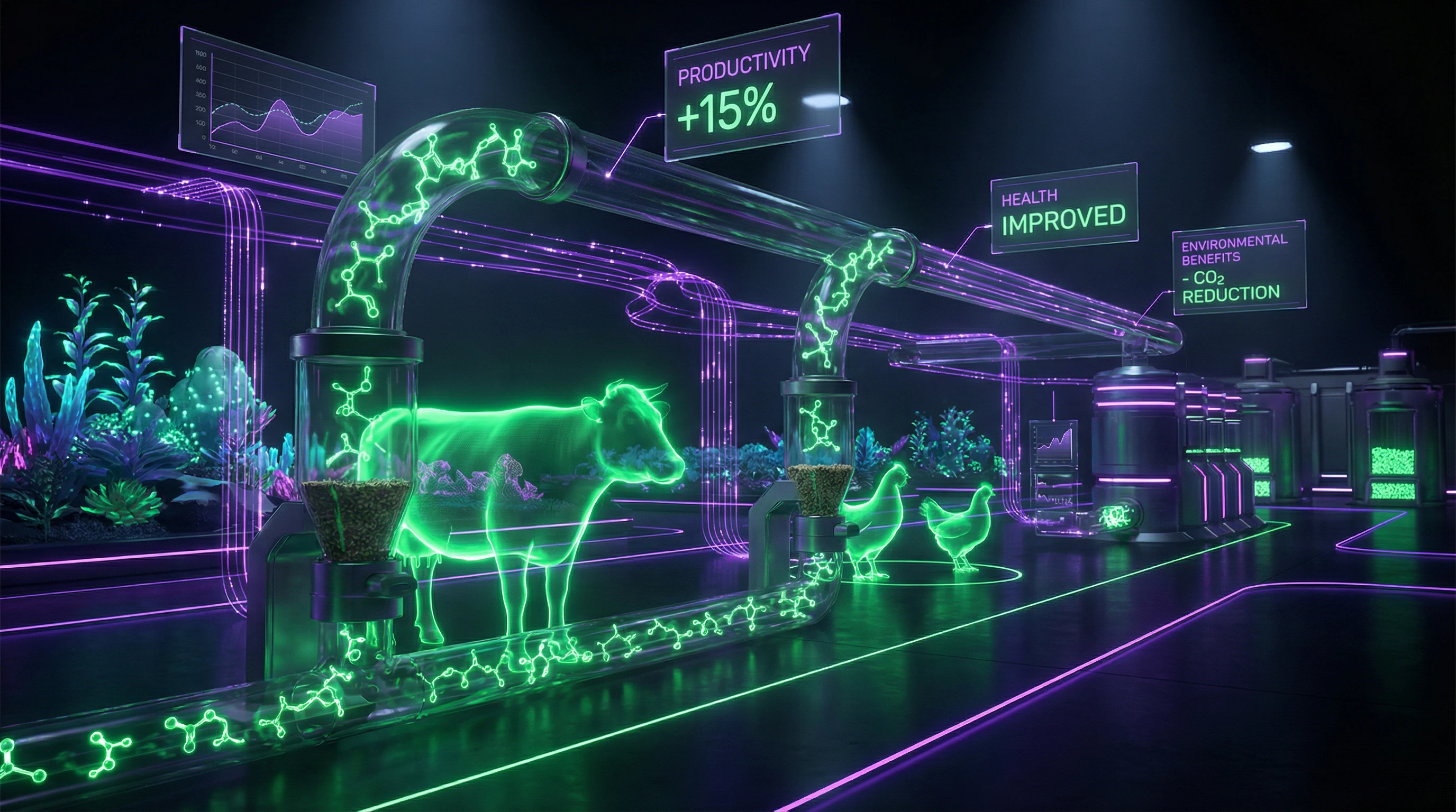 Diagram of essential oil applications in livestock with efficacy indicators