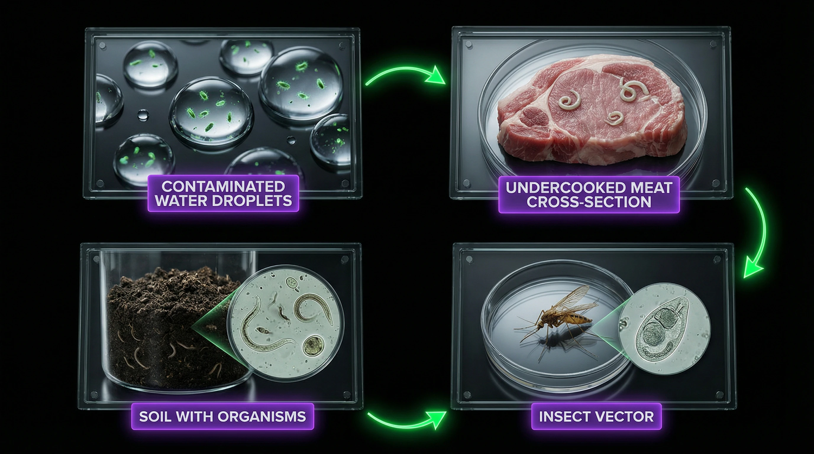 Diagram of main transmission routes of parasites to humans