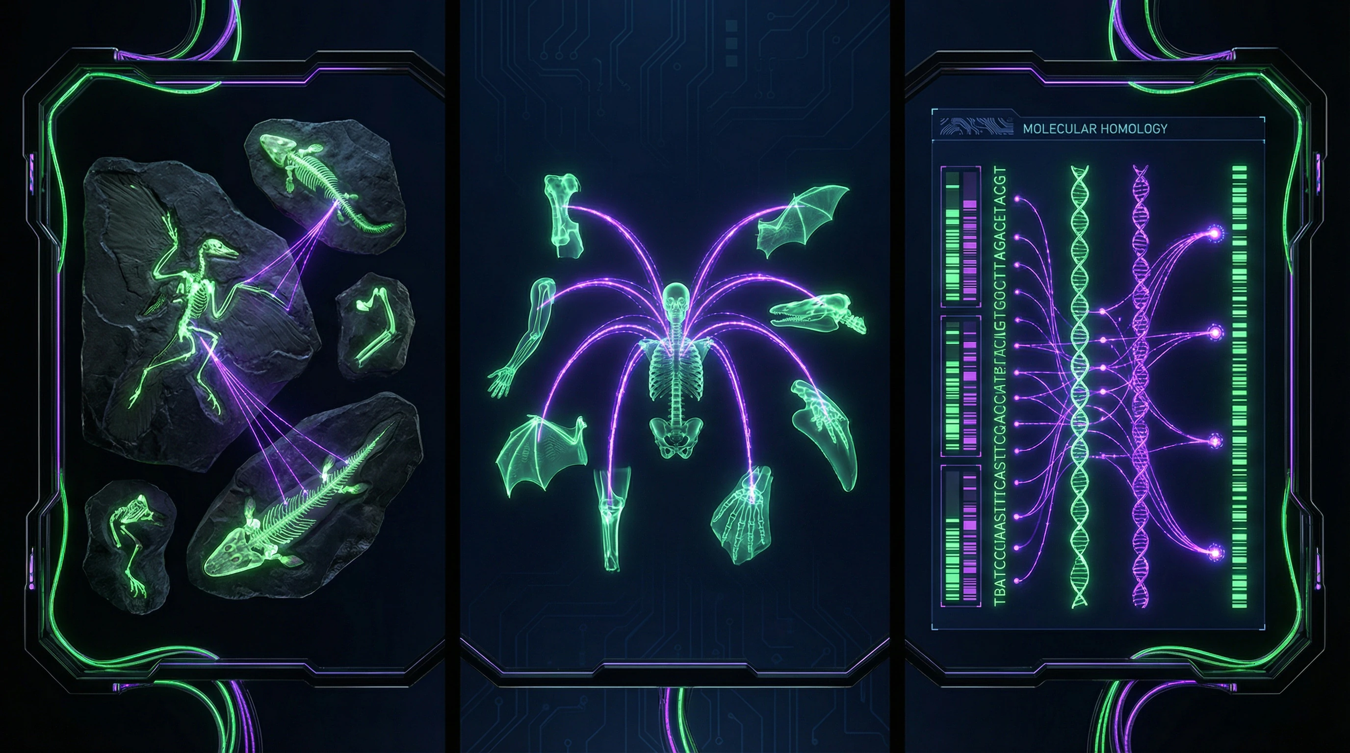 Three categories of evolutionary evidence with examples of transitional forms, homologous structures, and molecular data