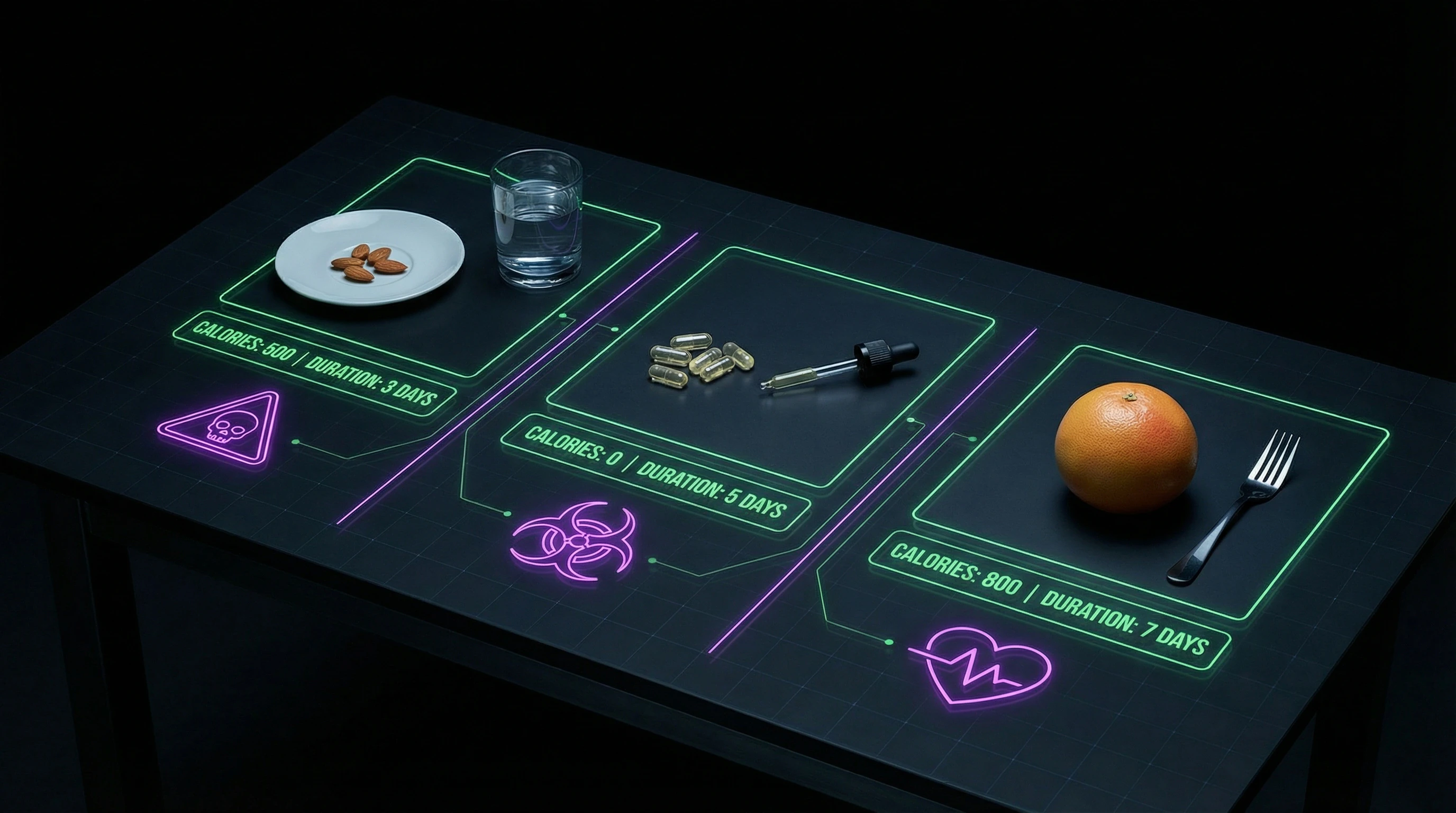 Comparative table of three types of extreme diets showing caloric intake and risks