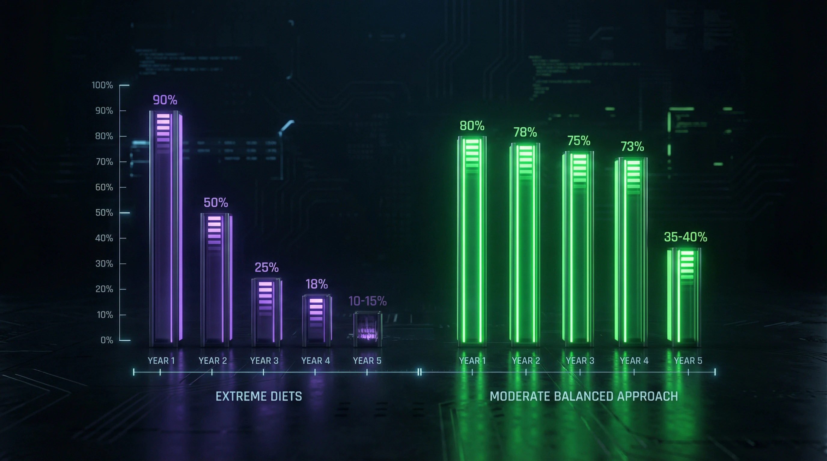 Comparative chart of weight maintenance with extreme and moderate diets over 5 years