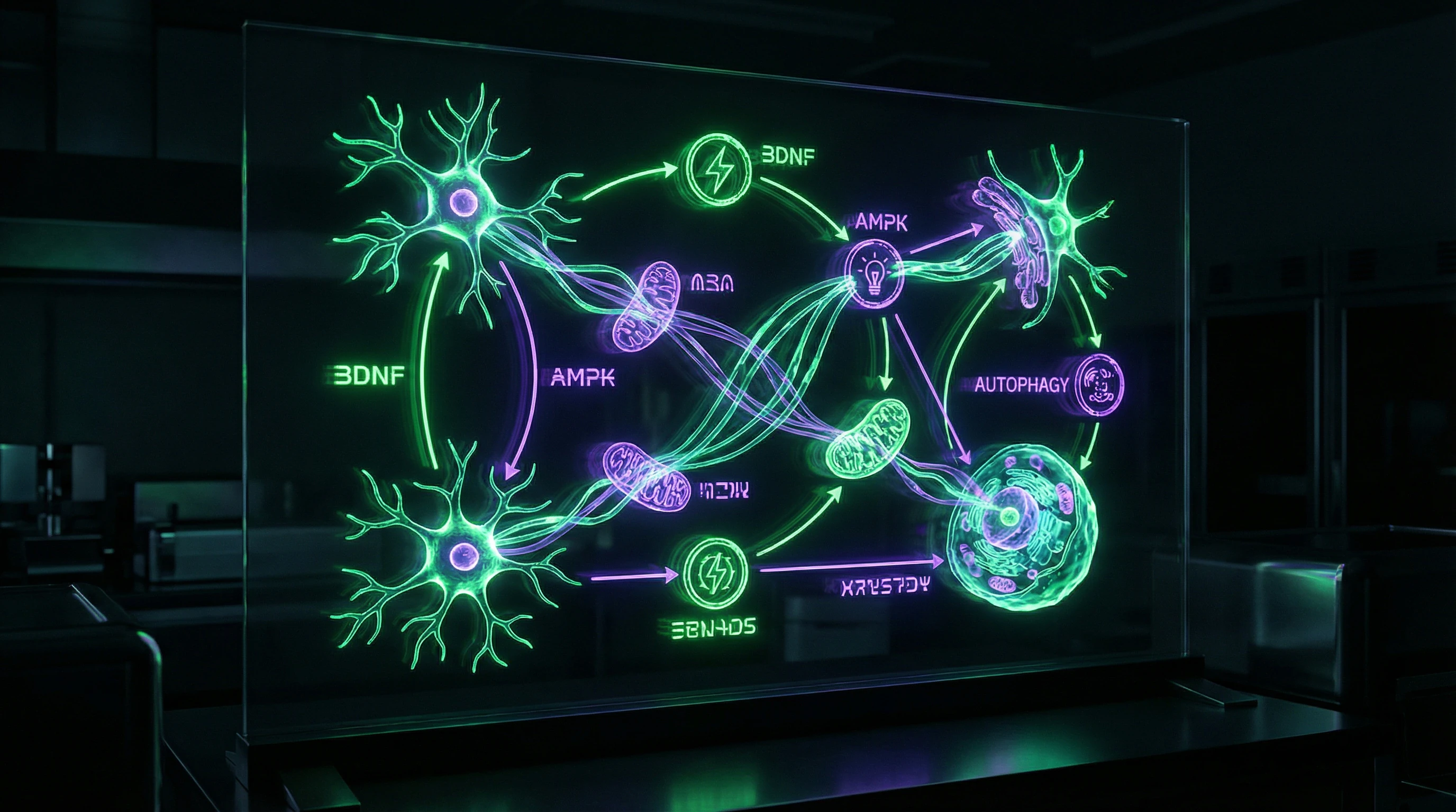 Diagram of molecular neuroprotection pathways during fasting with BDNF, AMPK and autophagy