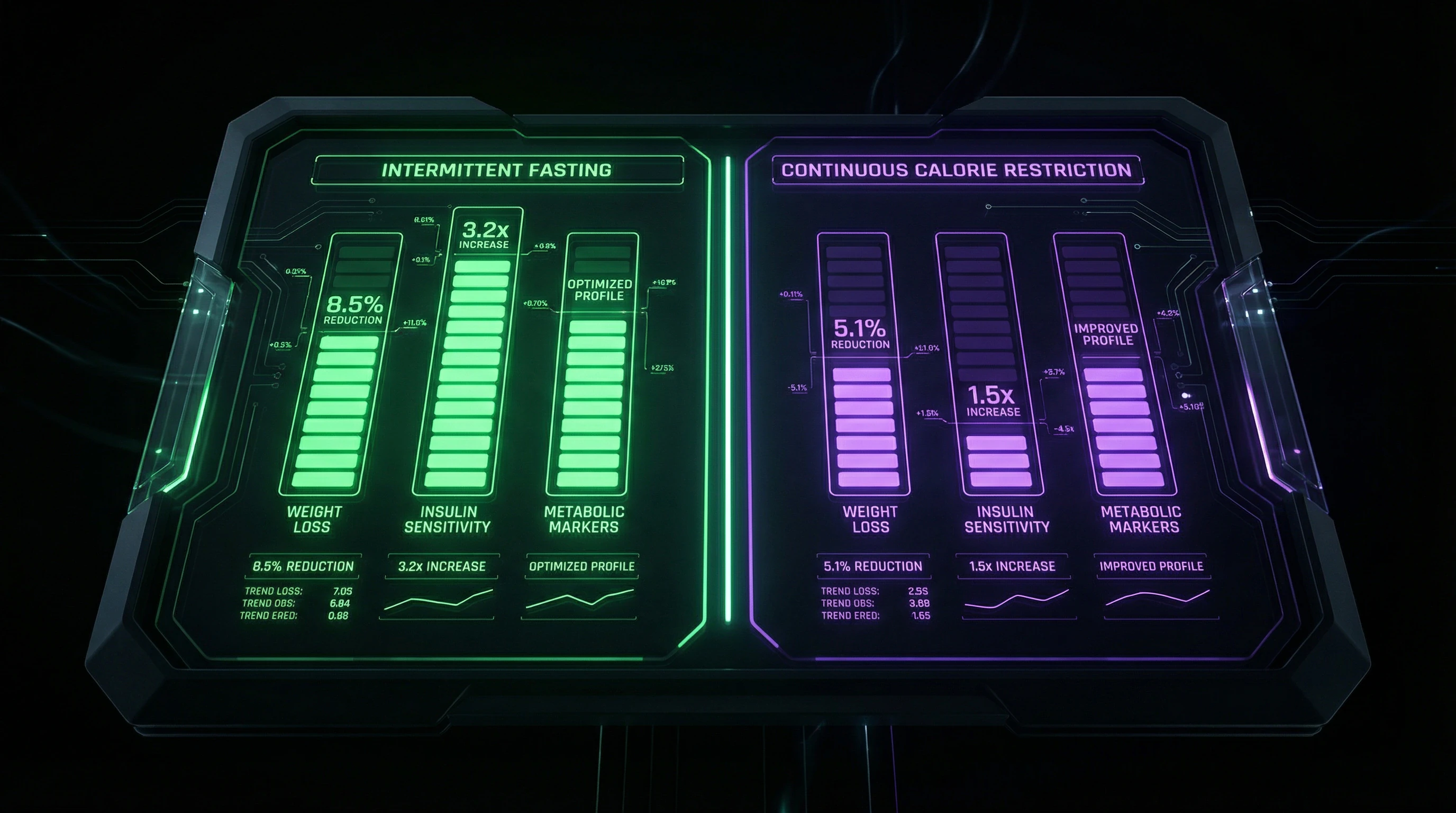 Comparative diagram of intermittent fasting and continuous caloric restriction effects