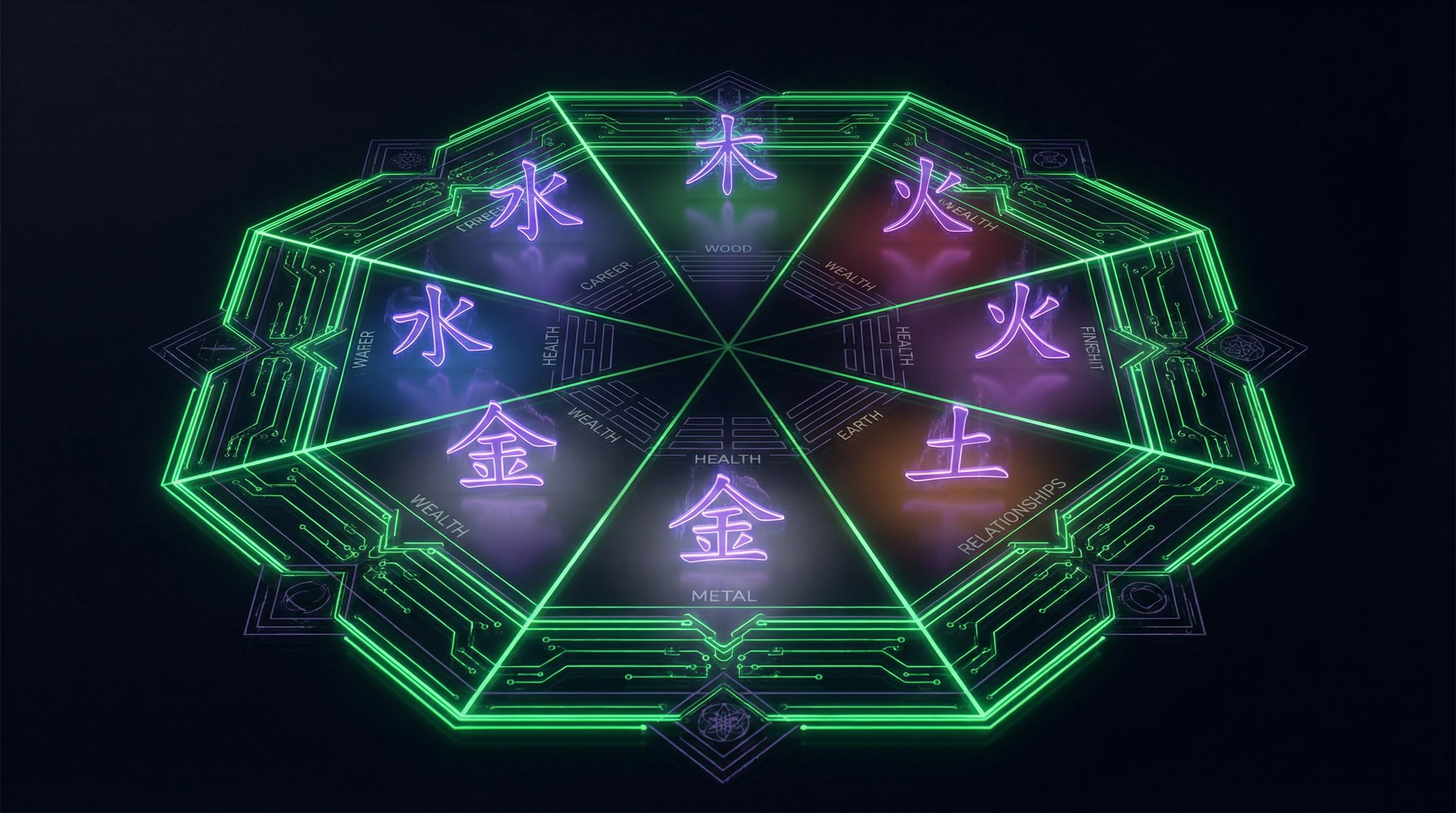 Octagonal Bagua map with five elements and their color correspondences