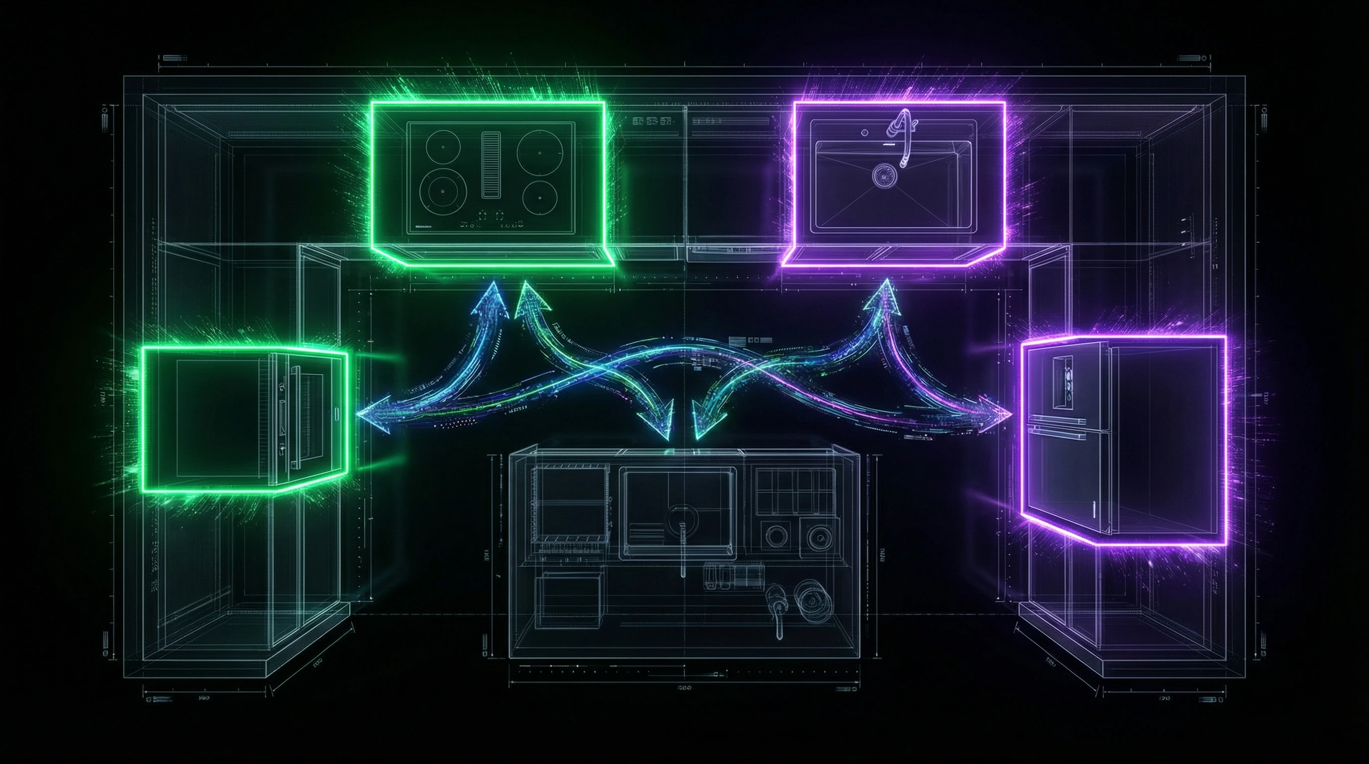 Kitchen element layout diagram with fire and water zones