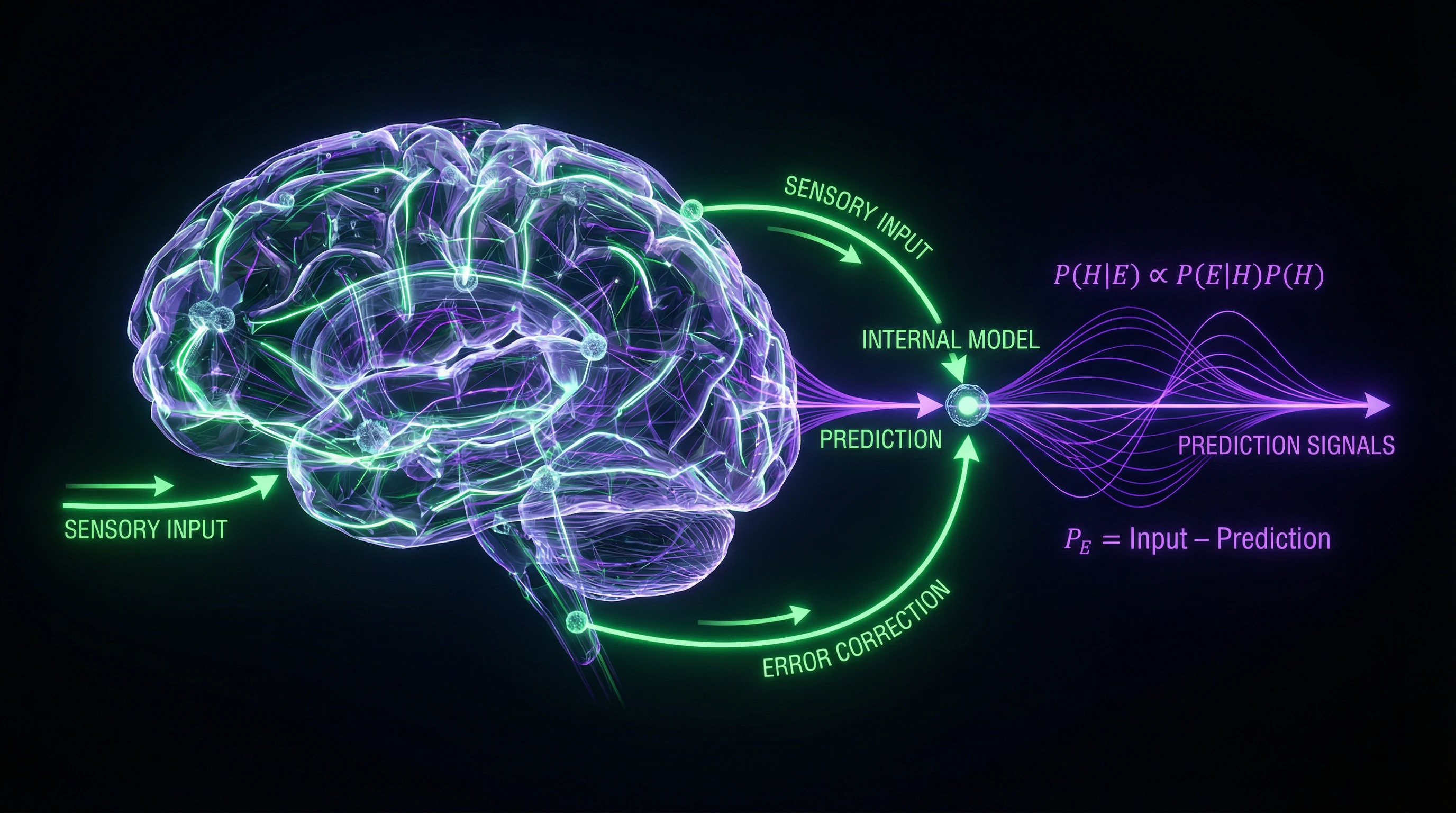 Diagram of Bayesian inference in the brain with prediction-error-update cycle