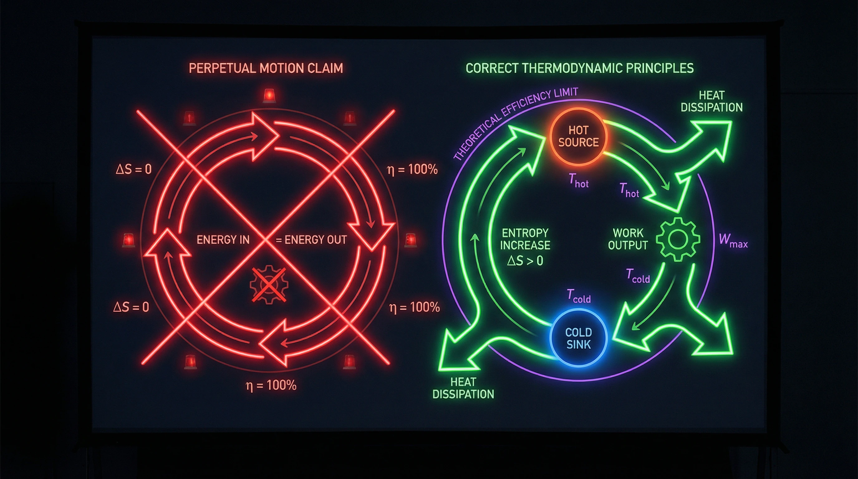 Diagram of first and second law thermodynamic violations in perpetual motion machine claims