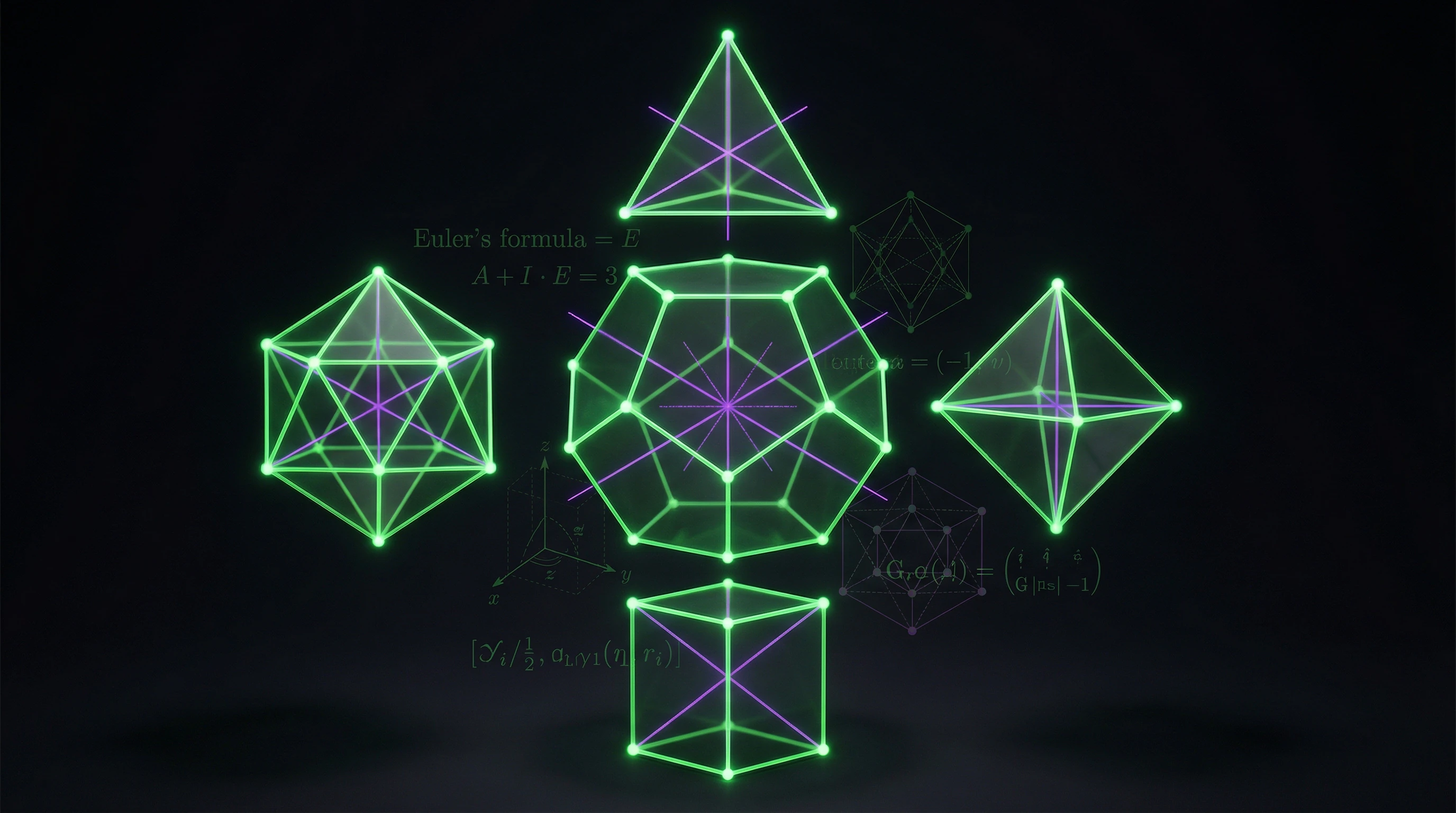 Five Platonic solids with symmetry axes and mathematical formulas